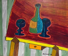 Vintage Contemporary French Abstract Modernist Painting Still Life Wine Bottle & Glasses
