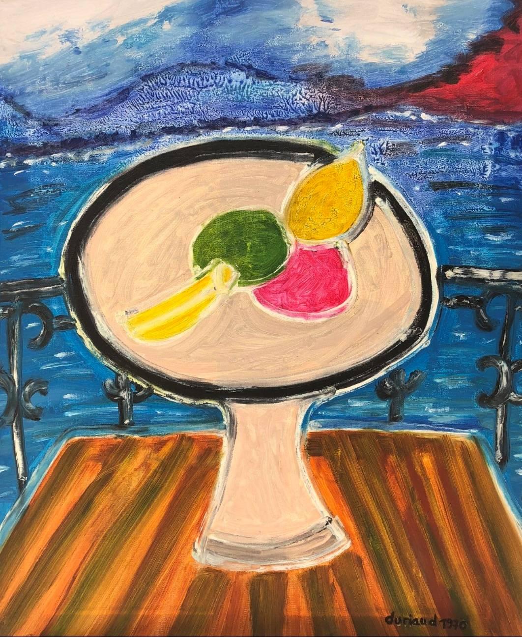 Christian Duriaud Still-Life Painting - Coupe de fruit sur le balcon, Large French Expressionist Oil Painting