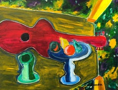  Guitare rouge sur table verte,  Grande peinture à l'huile expressionniste française