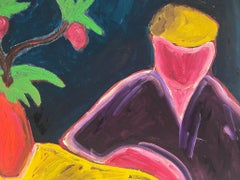 Immense peinture à l'huile moderniste fauve française des années 1960, portrait d'un homme assis