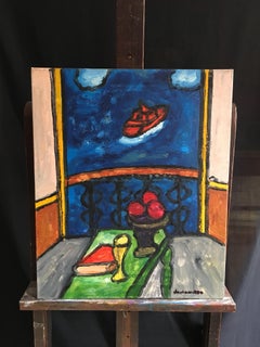 Le Balcon Sur la mer à Trouville, grande peinture à l'huile expressionniste française