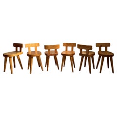 Vintage Christian Durupt, Set of Six "Meribel" Dining Chairs in Pine, France, c. 1960s