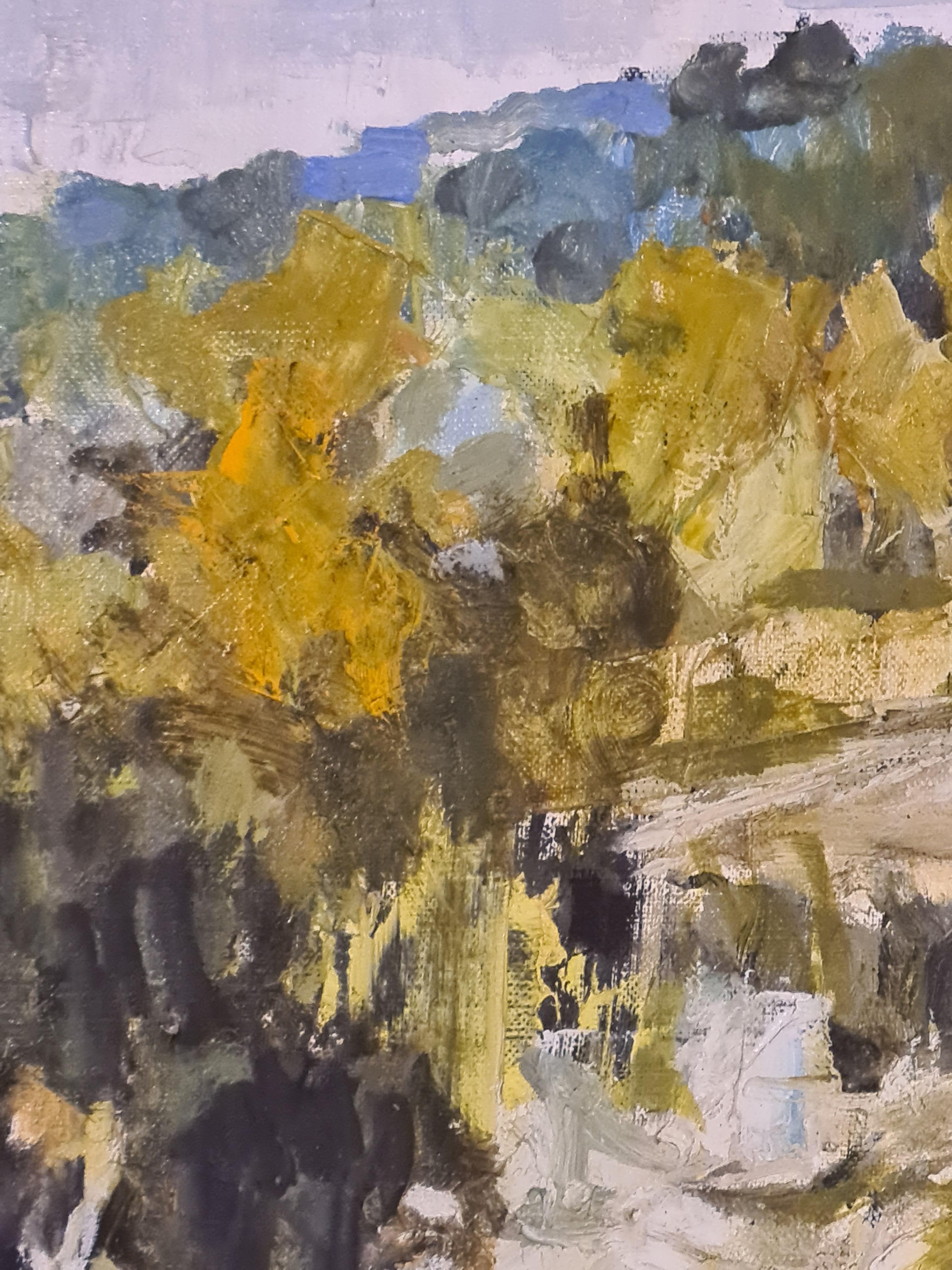 Dipinto impressionista francese della fine del XX secolo, olio su tela, raffigurante una vite in un paesaggio, opera di Christian Dyr. Firmato in basso a sinistra, titolato, firmato e con un numero di mostra sulle barelle posteriori. La tela è