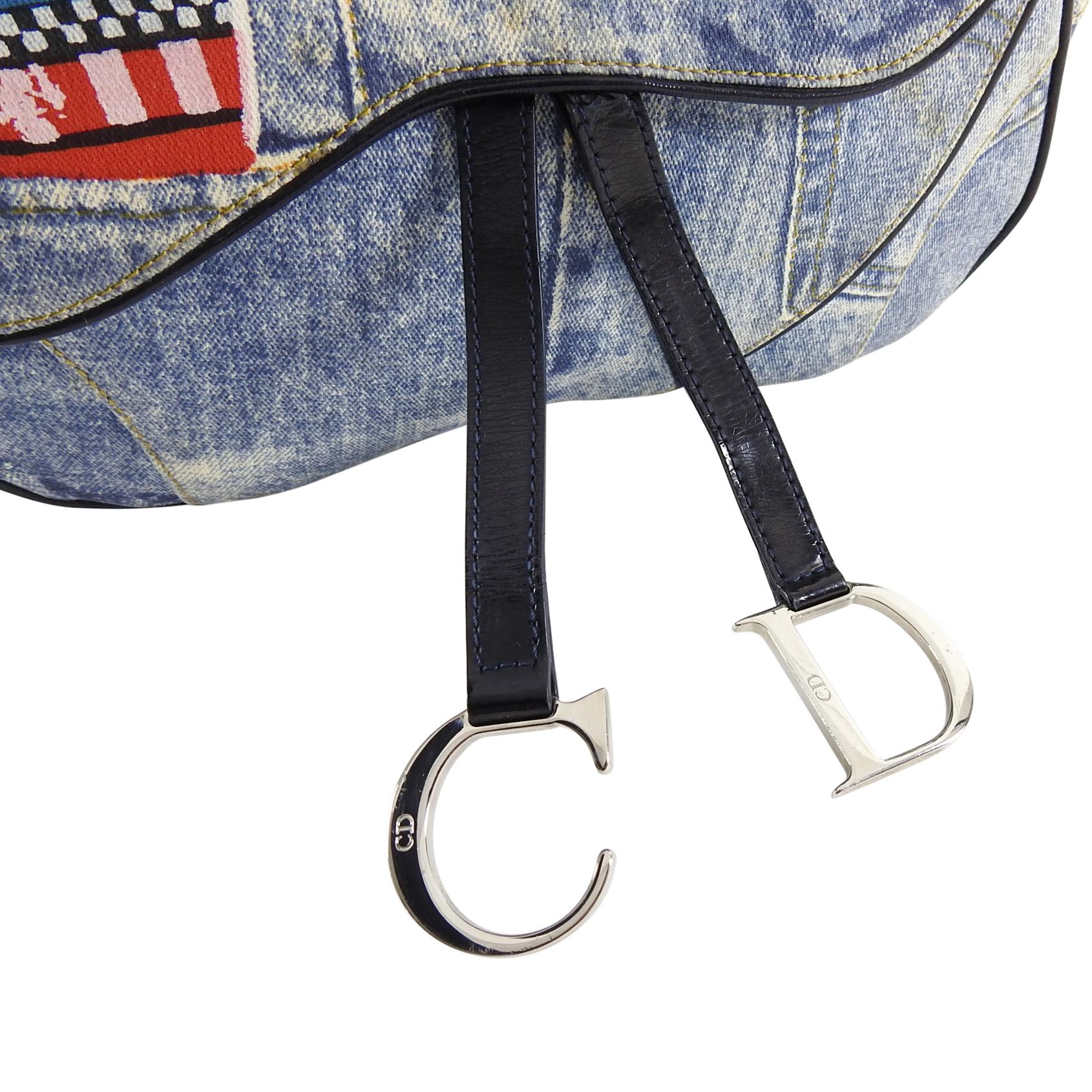 Christian Fall 2001 Dior Blue Denim Printed Double Saddle Bag 6
