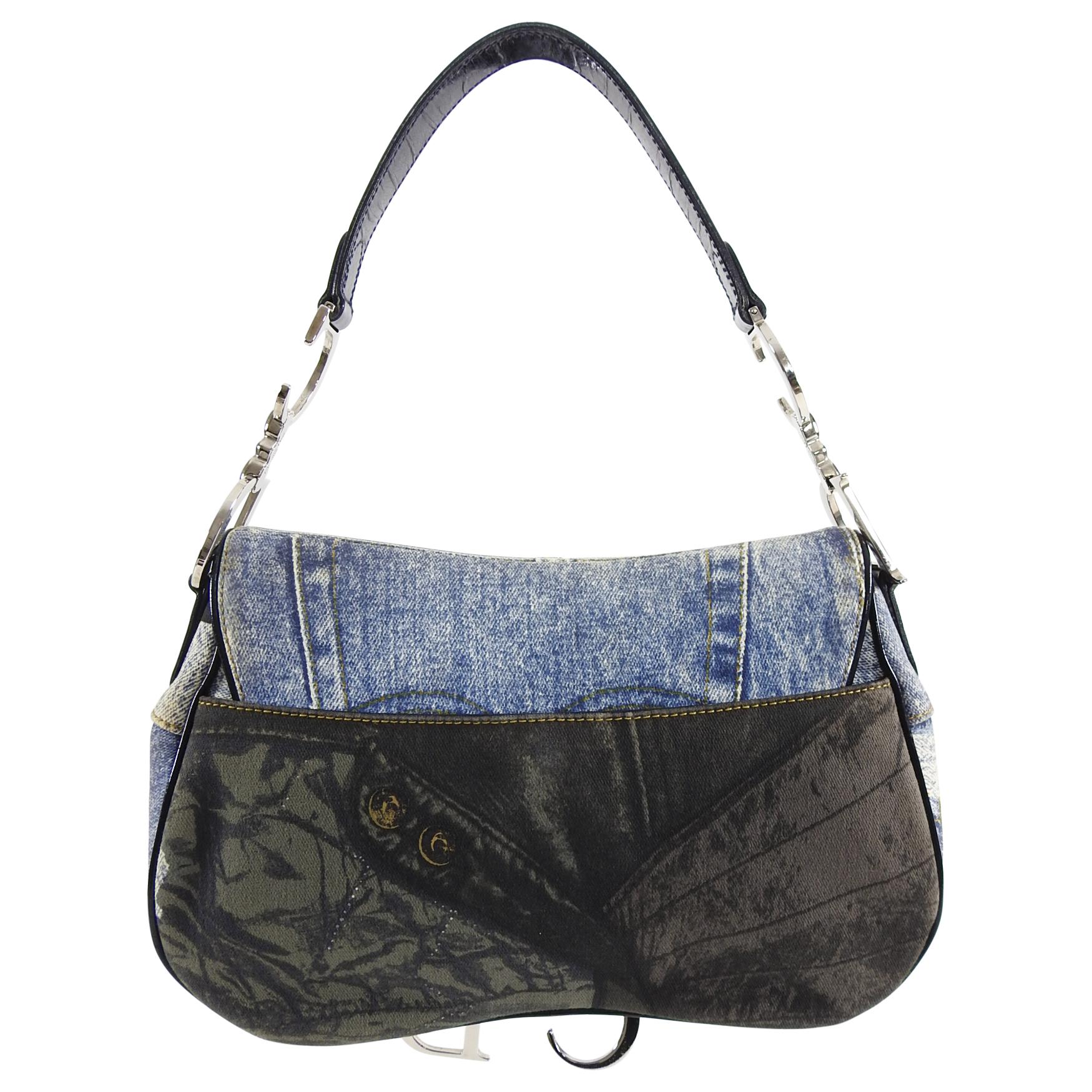 Gray Christian Fall 2001 Dior Blue Denim Printed Double Saddle Bag