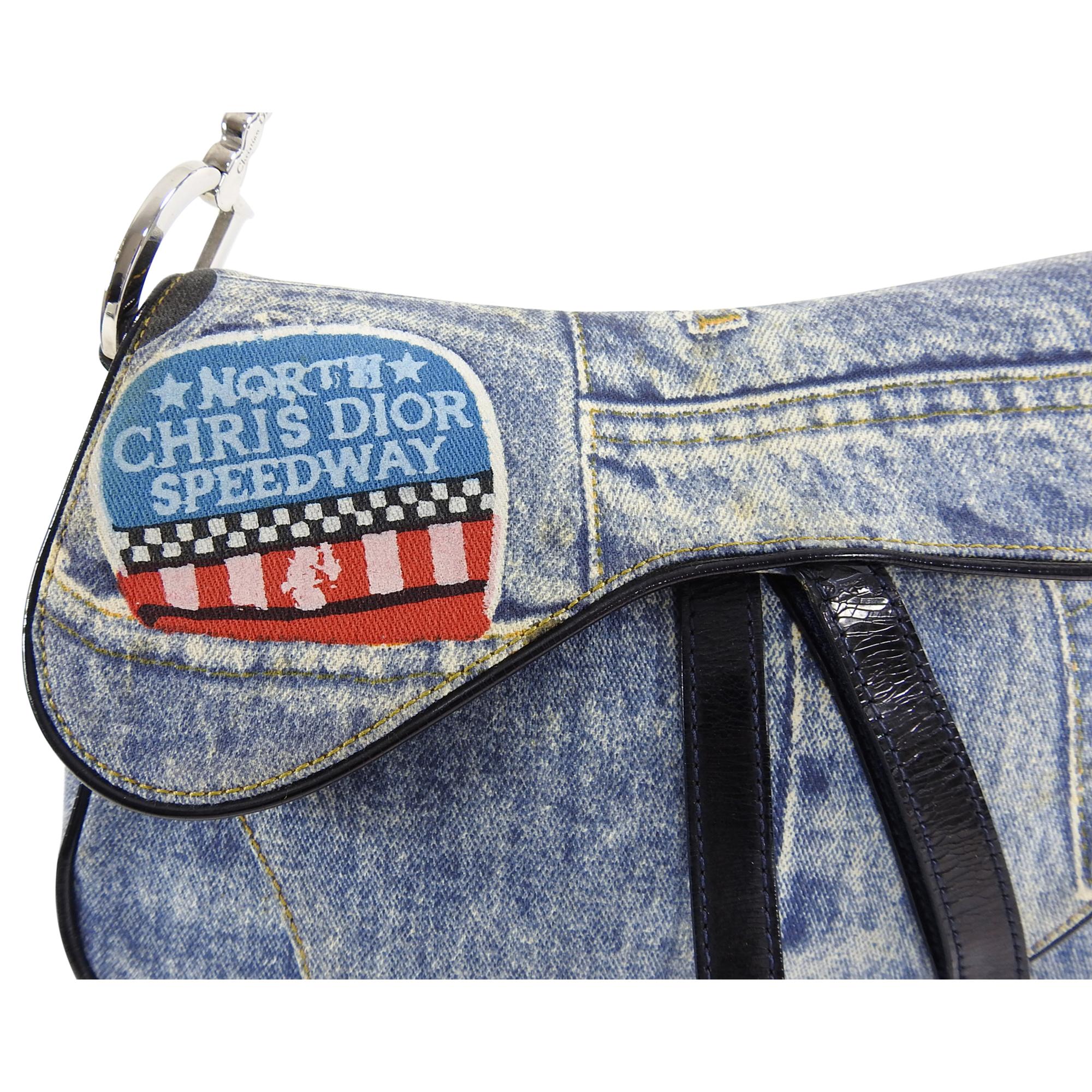 Christian Fall 2001 Dior Blue Denim Printed Double Saddle Bag In Good Condition In Toronto, ON