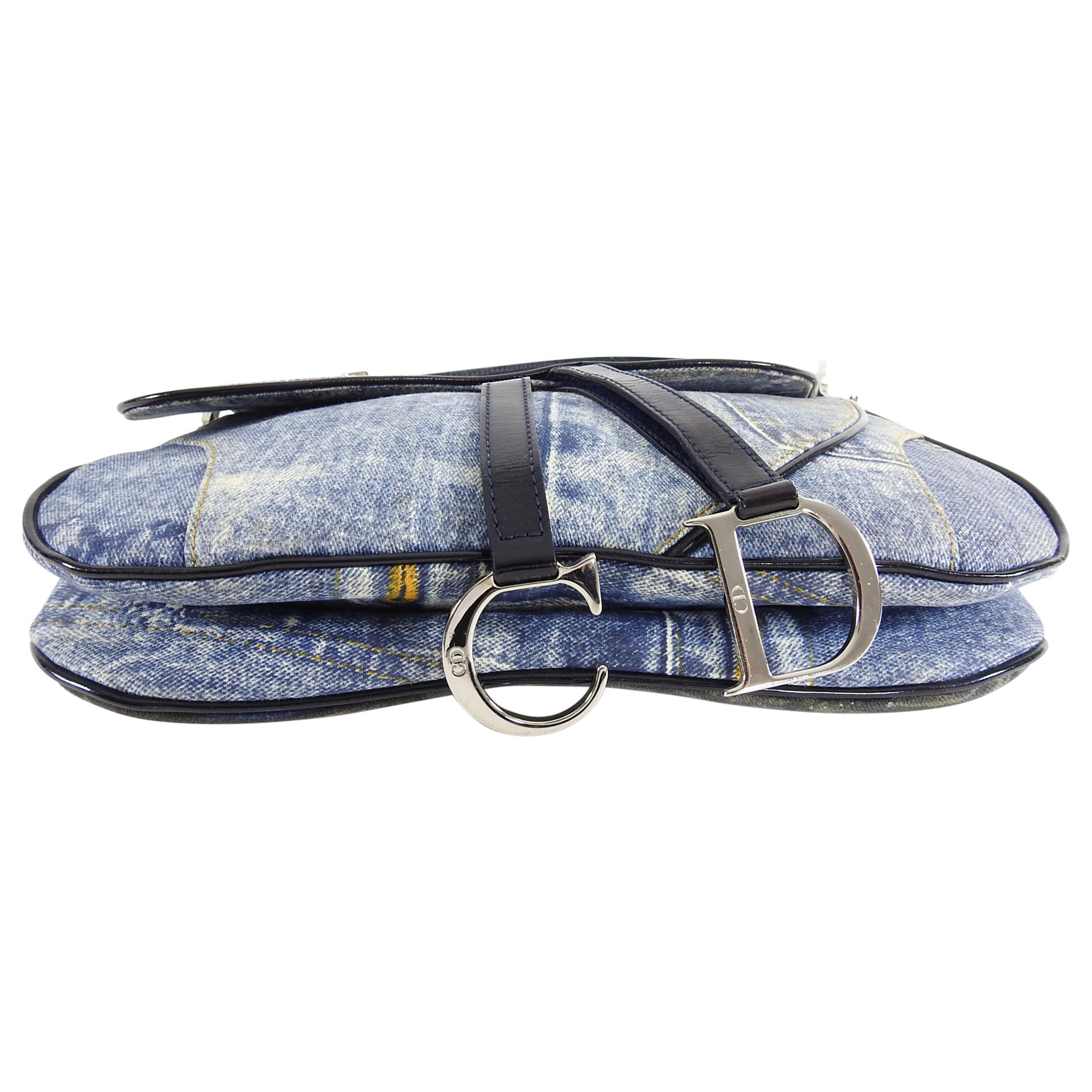 Christian Fall 2001 Dior Blue Denim Printed Double Saddle Bag 1