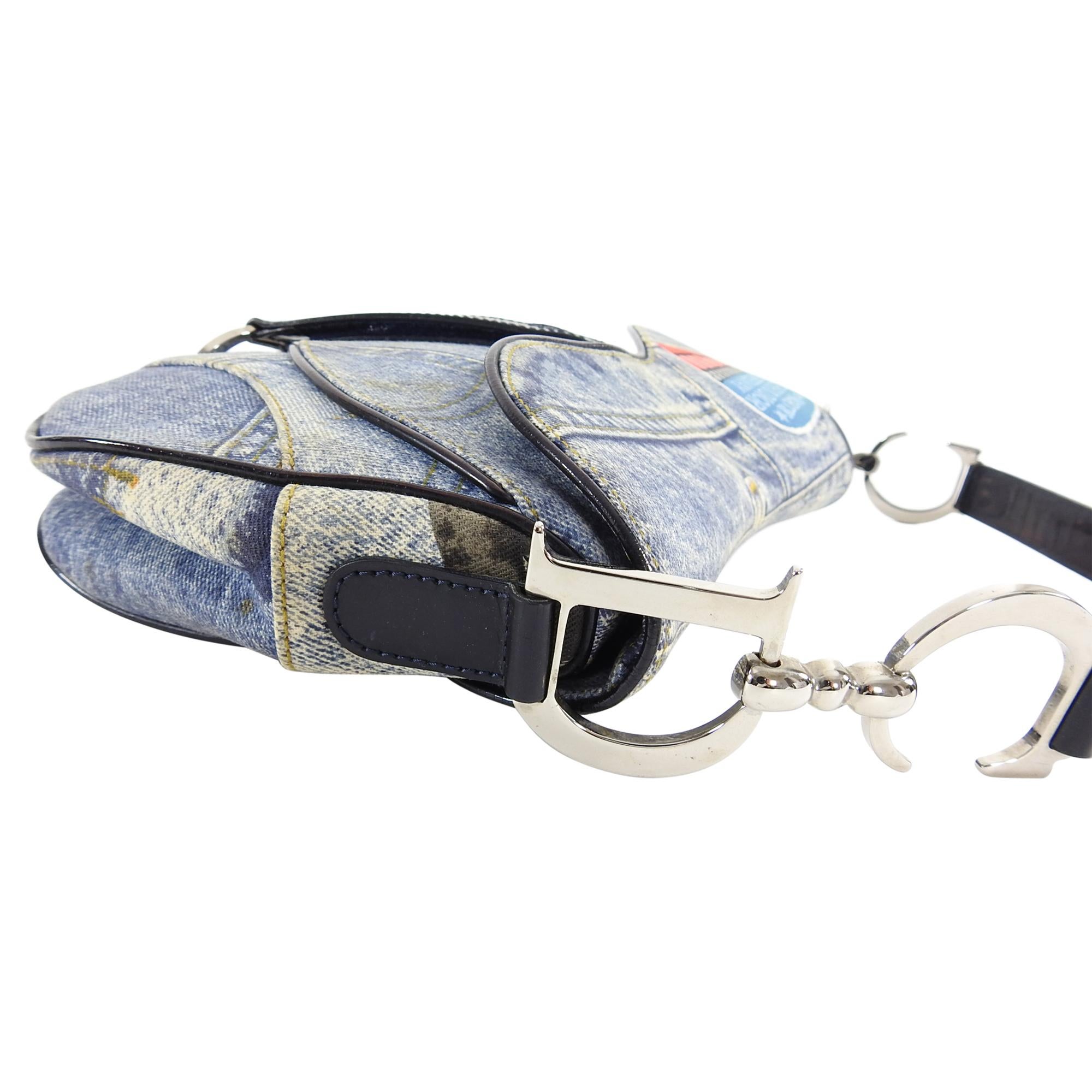 Christian Fall 2001 Dior Blue Denim Printed Double Saddle Bag 2