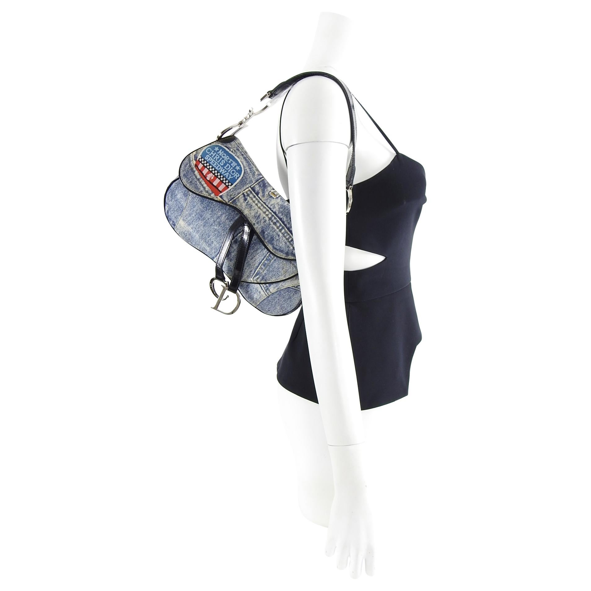 Christian Fall 2001 Dior Blue Denim Printed Double Saddle Bag 3