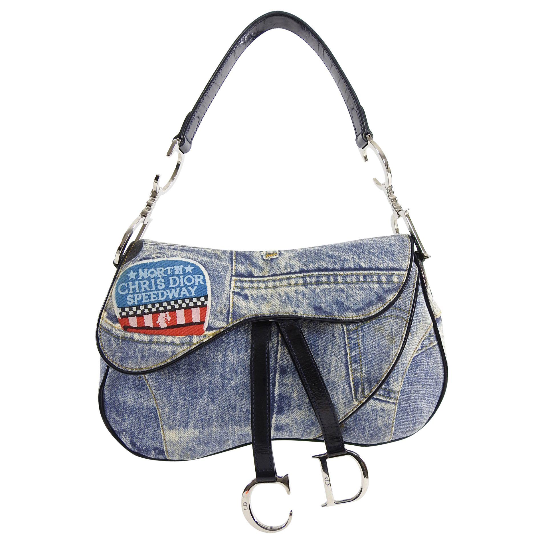 Christian Fall 2001 Dior Blue Denim Printed Double Saddle Bag