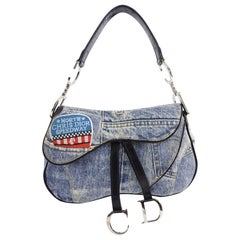Christian Fall 2001 Dior Blue Denim Printed Double Saddle Bag