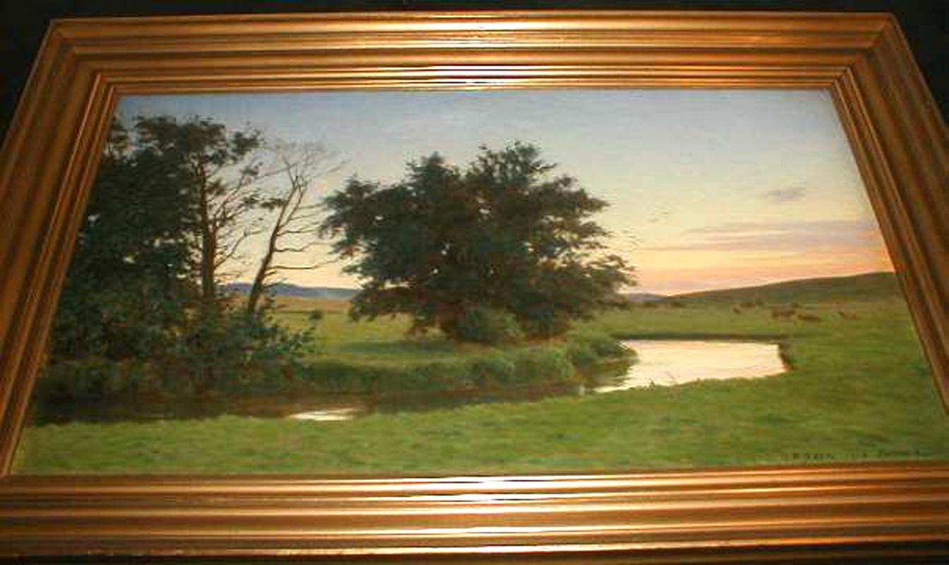 Untitled-Pastoral-Szene, Kühe, Fluss, Haus mit Rauch vom Schornstein, Mond im Halbmond! – Painting von Christian Federick Beck