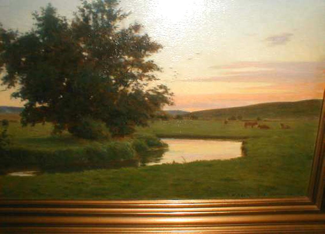 Untitled-Pastoral-Szene, Kühe, Fluss, Haus mit Rauch vom Schornstein, Mond im Halbmond! (Realismus), Painting, von Christian Federick Beck
