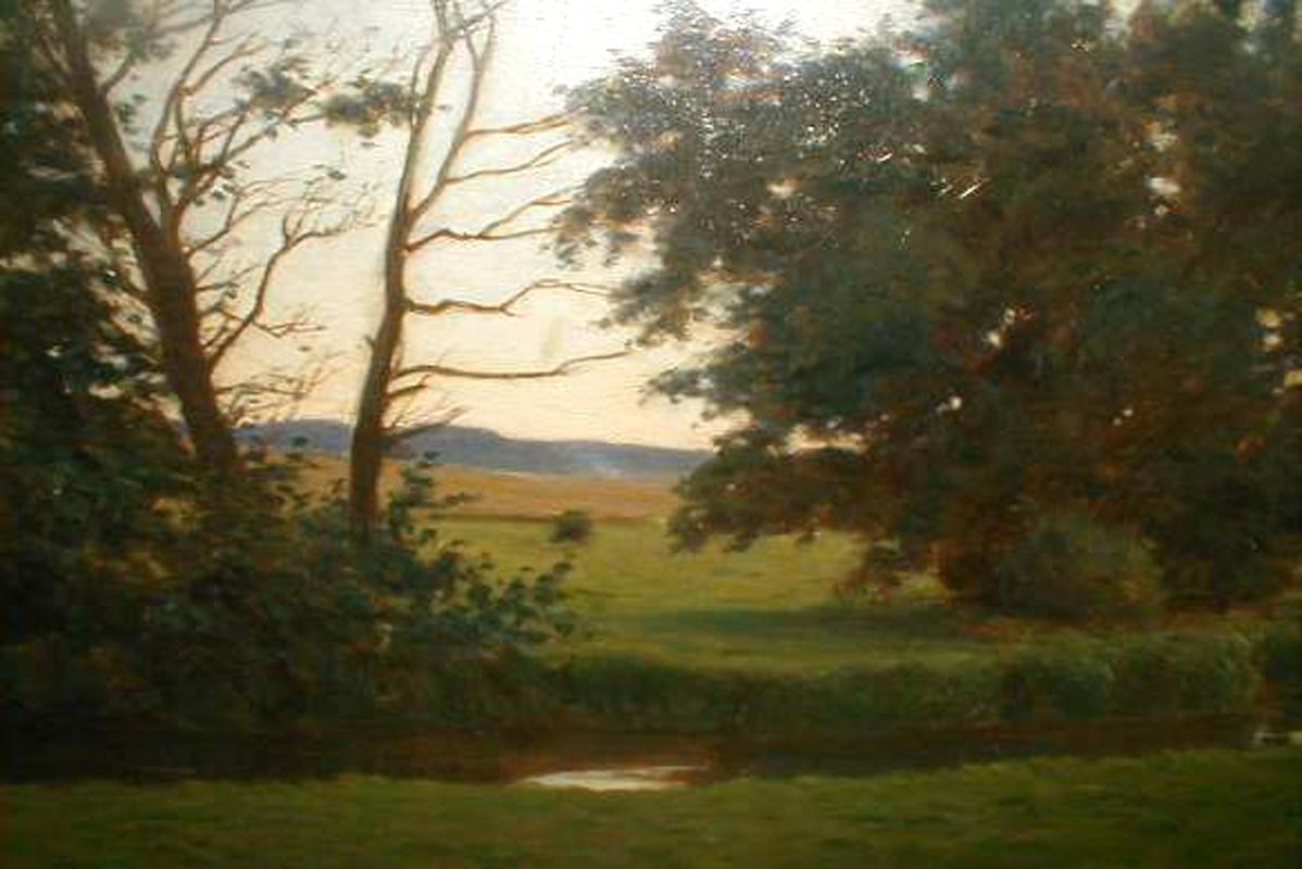 Untitled-Pastoral-Szene, Kühe, Fluss, Haus mit Rauch vom Schornstein, Mond im Halbmond! (Braun), Landscape Painting, von Christian Federick Beck