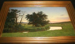 Untitled-Pastoral scene, cows, river, house w/smoke from chimney, crescent moon!