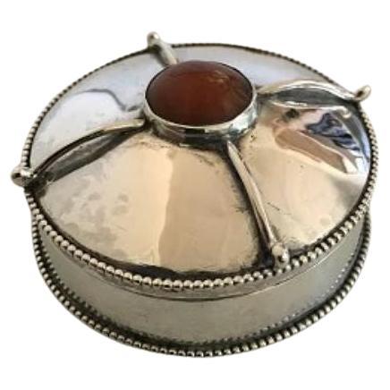 Christian Fjerdingstad Pill Box in 826 Silver Ornamented with an Amber Stone For Sale