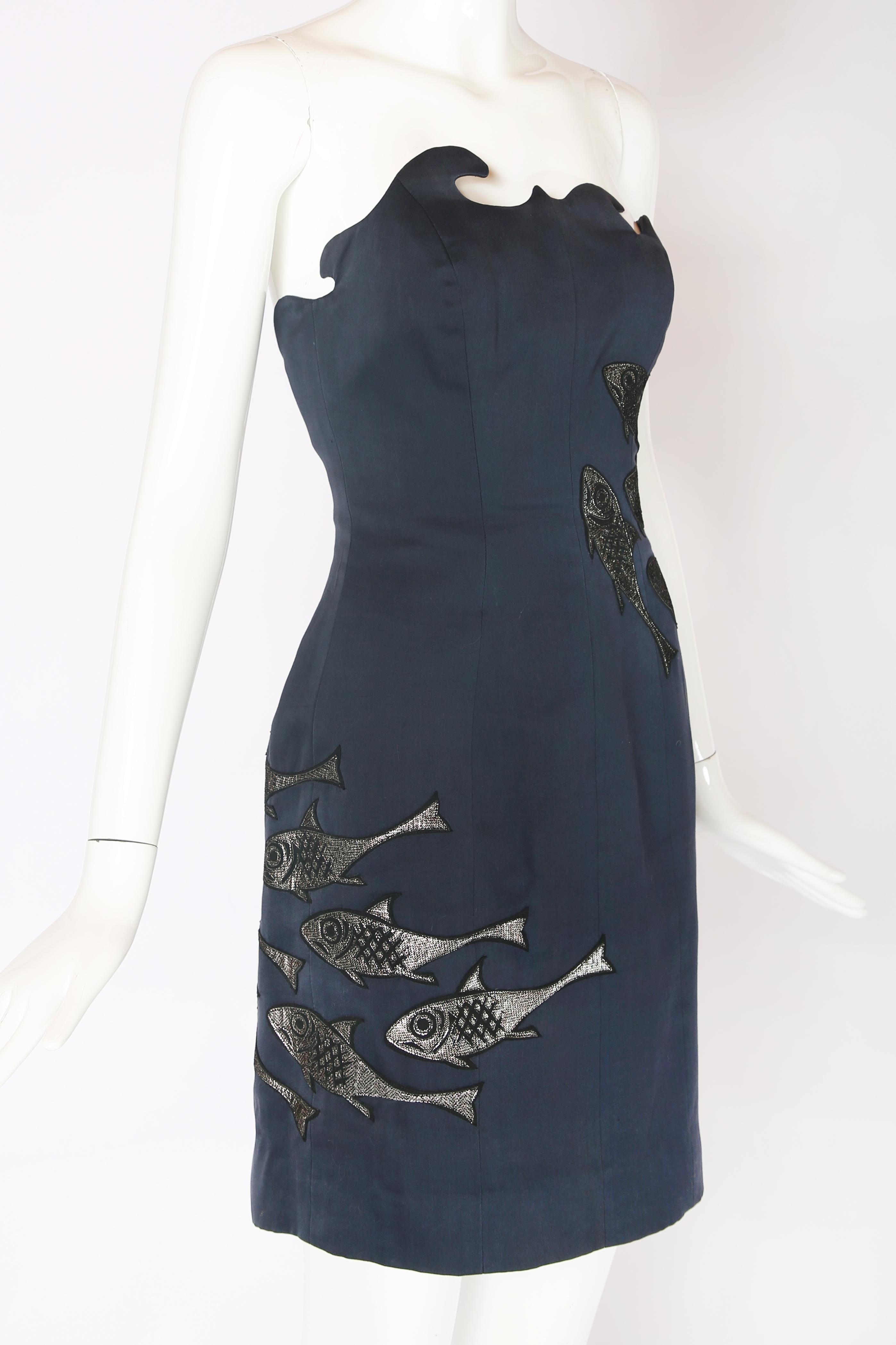 Christian Francis Roth Blue Mermaid Dress & Netted Shawl w/Mini Cork Buoys 1989 In Excellent Condition In Studio City, CA