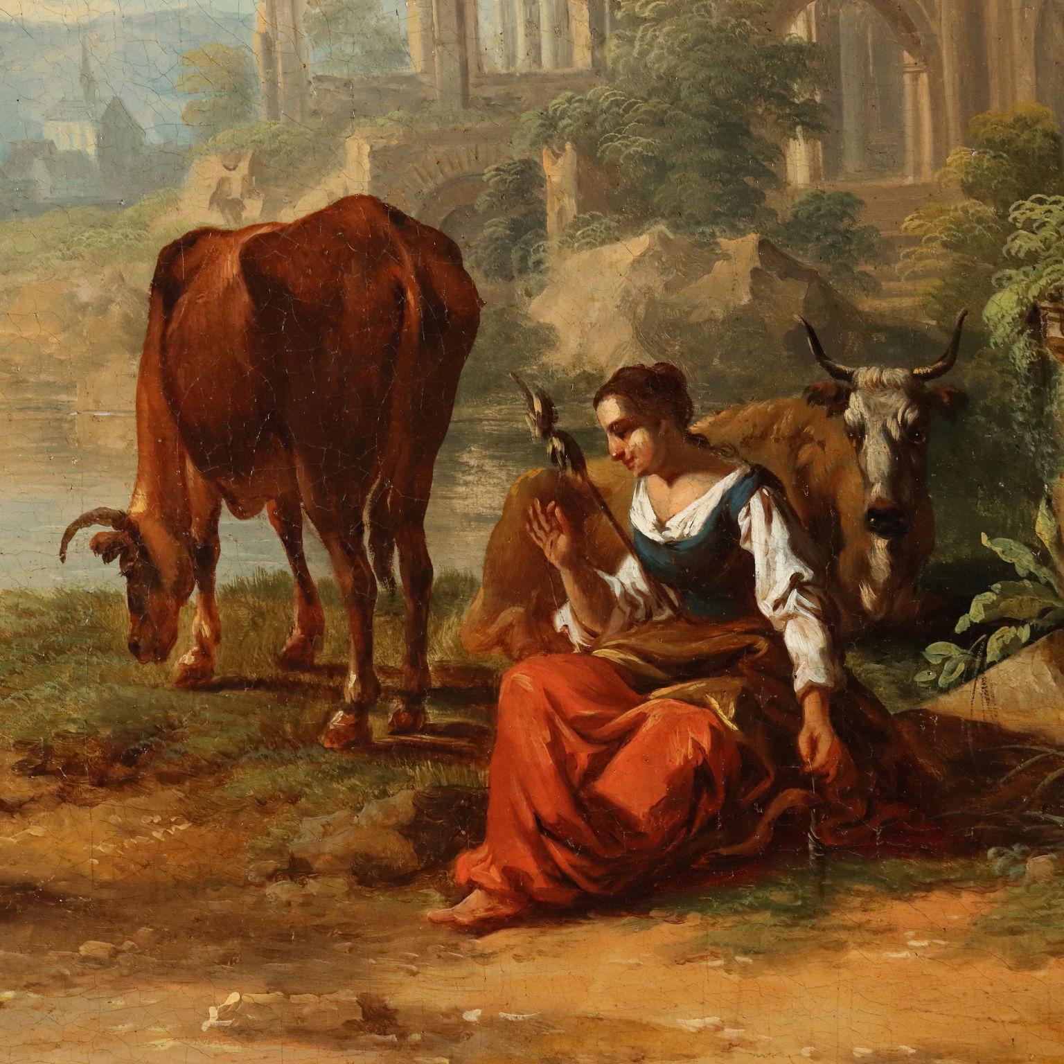Flusslandschaft mit Hirtin und Ruinen 18. Jahrhundert (Sonstige Kunststile), Painting, von Christian Georg Schütz