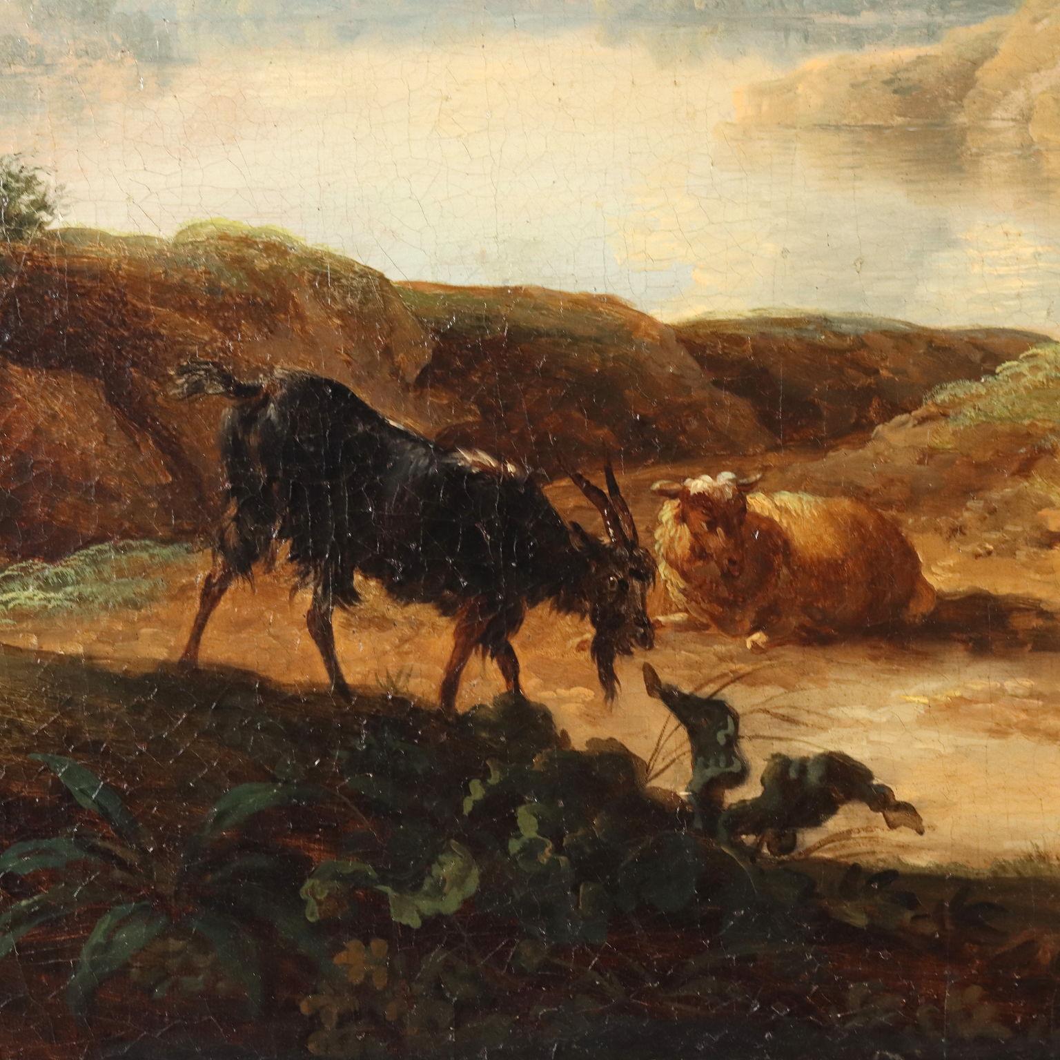 Flusslandschaft mit Hirtin und Ruinen 18. Jahrhundert (Brown), Landscape Painting, von Christian Georg Schütz