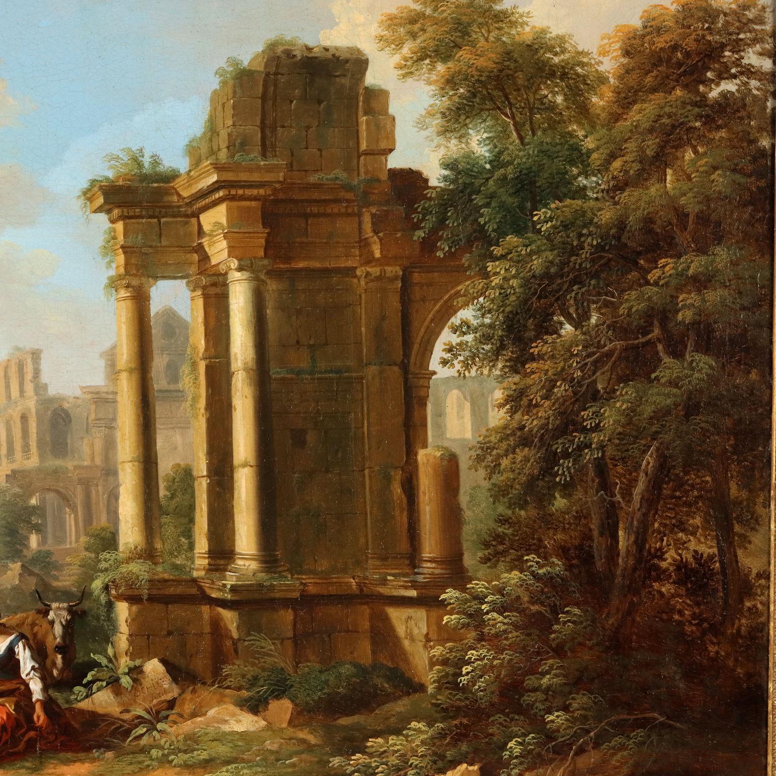 Flusslandschaft mit Hirtin und Ruinen 18. Jahrhundert im Angebot 2