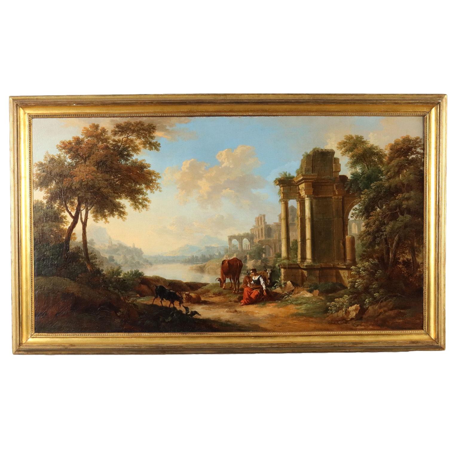 Christian Georg Schütz Landscape Painting – Flusslandschaft mit Hirtin und Ruinen 18. Jahrhundert