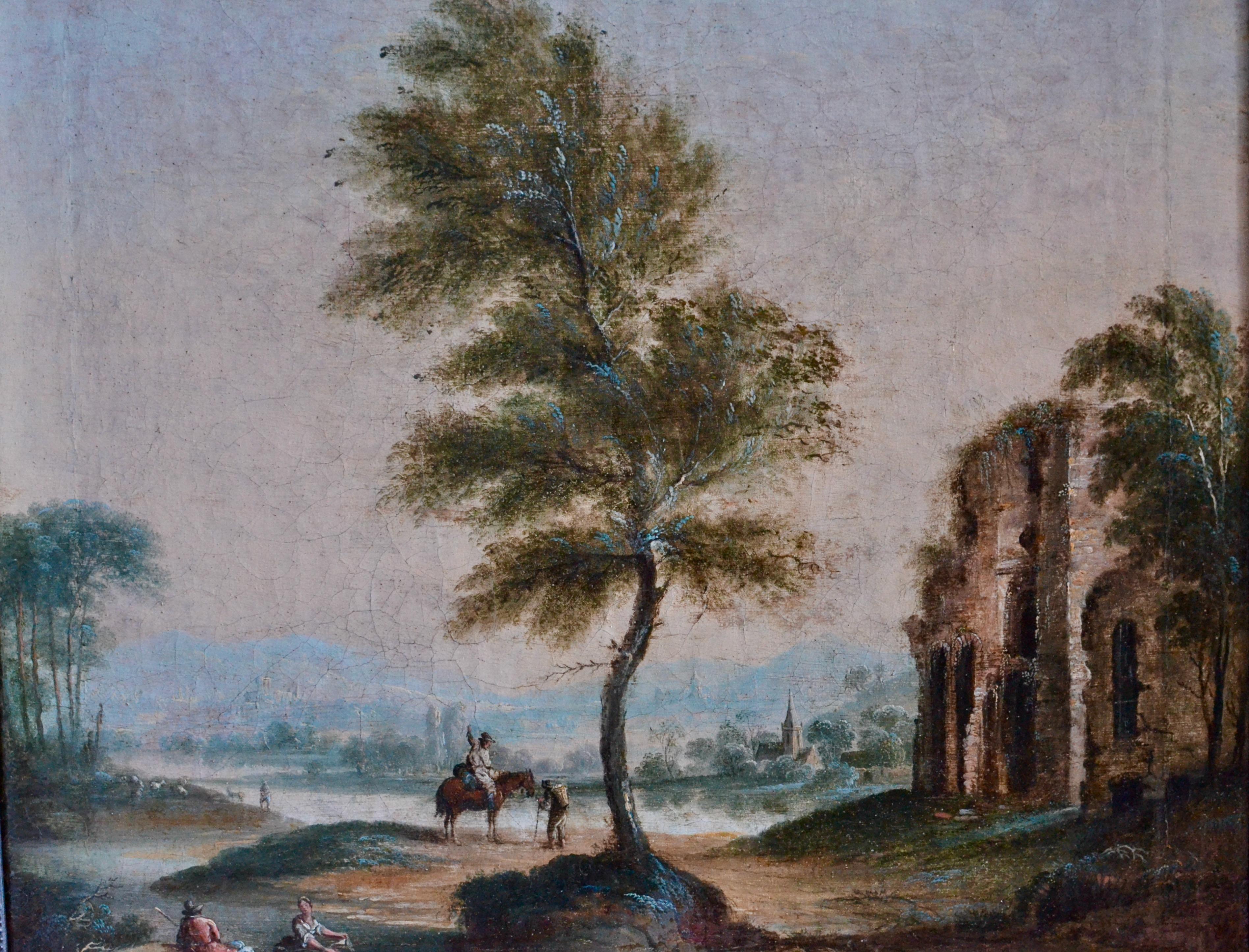 River Landscape with Travelers Resting Next to a Tree and Ruins. - Painting by Christian Georg Schütz