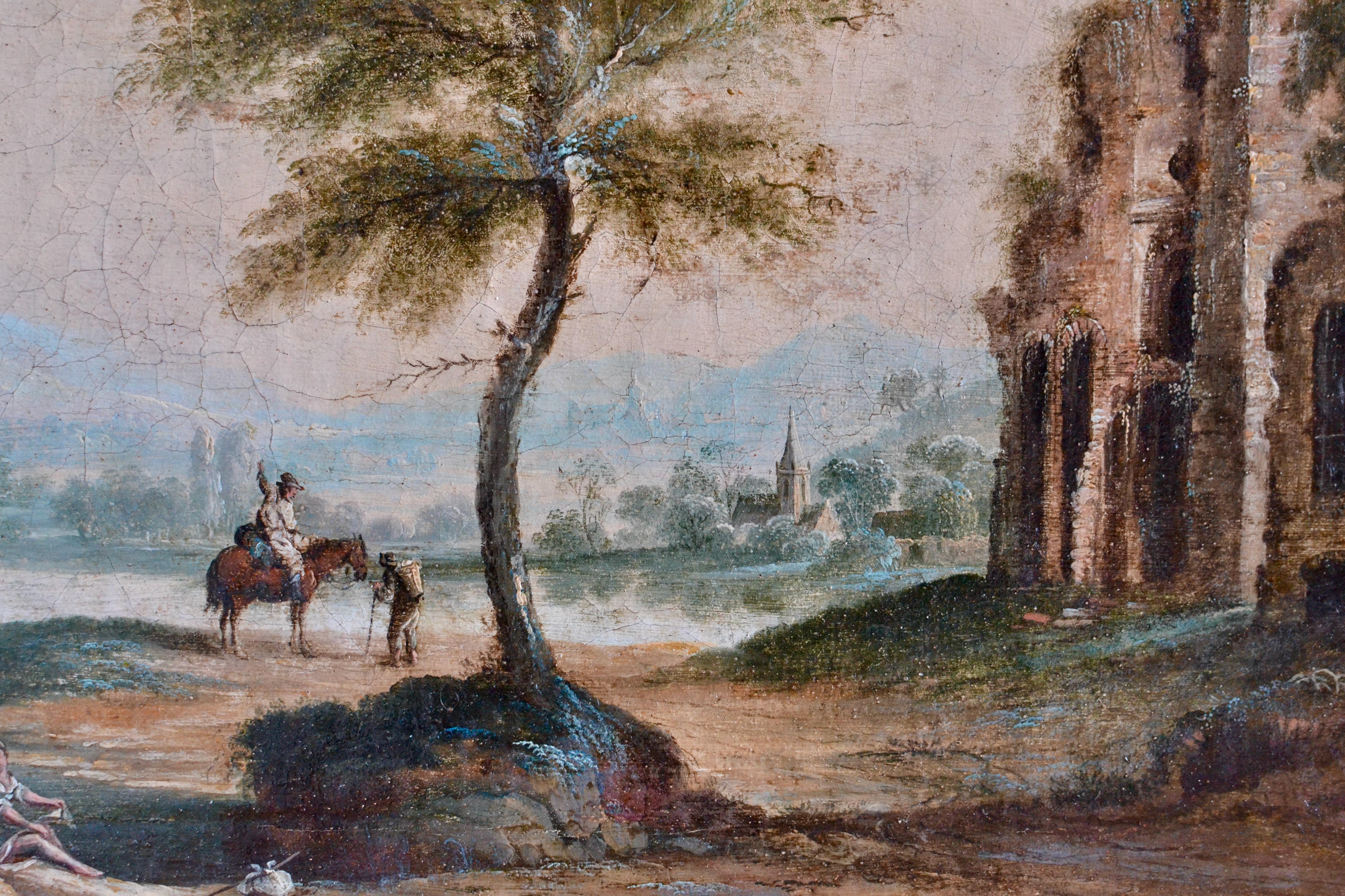 River Landscape with Travelers Resting Next to a Tree and Ruins. - Old Masters Painting by Christian Georg Schütz