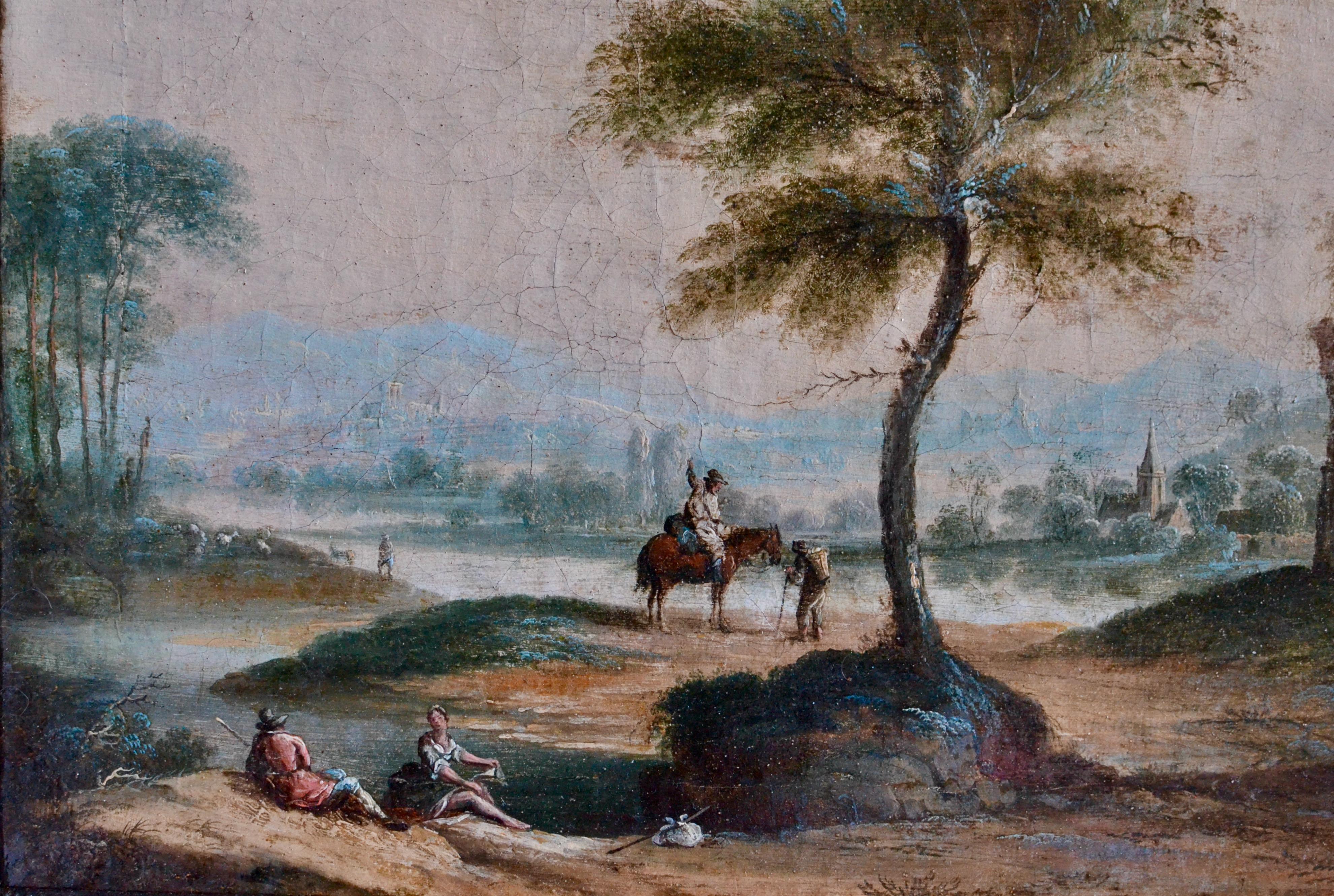 River Landscape with Travelers Resting Next to a Tree and Ruins. - Black Landscape Painting by Christian Georg Schütz