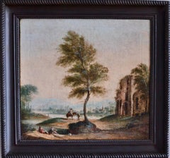 River Landscape with Travelers Resting Next to a Tree and Ruins.