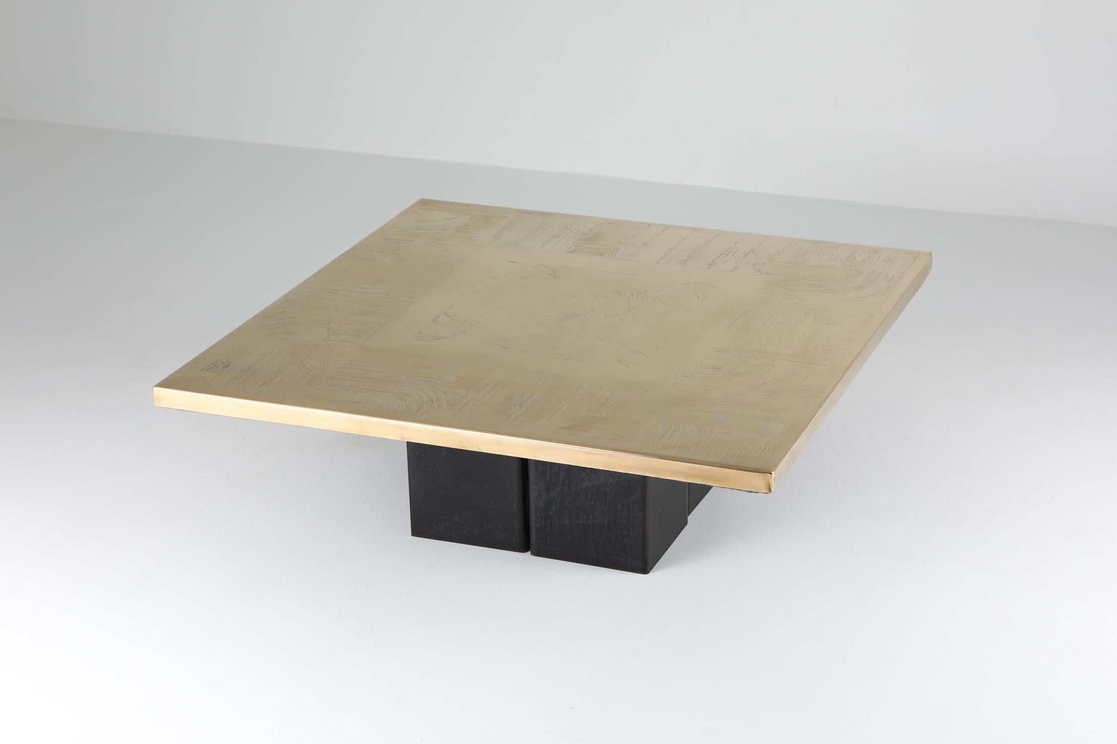 Brass etched coffee table by Christian Heckscher, Belgium, 1970s.
This coffee table is part of a living room table set which includes another two side tables.

Educated as a fine artist and meticulous craftsman in Belgium, Heckscher has been