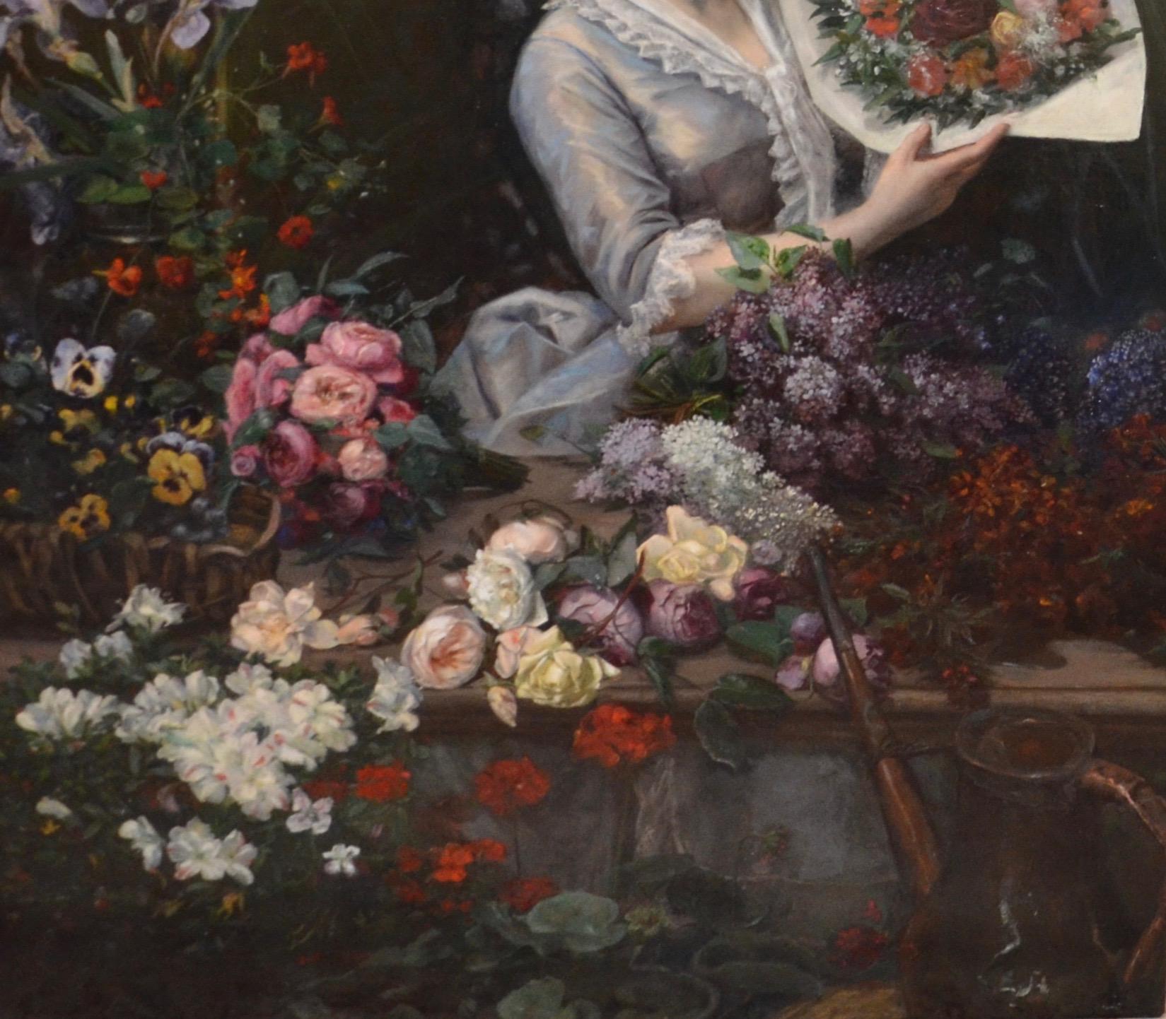 Magnifique femme Arrangeant des fleurs dans une serre de conservation d'atrium PARIS 1884  en vente 6