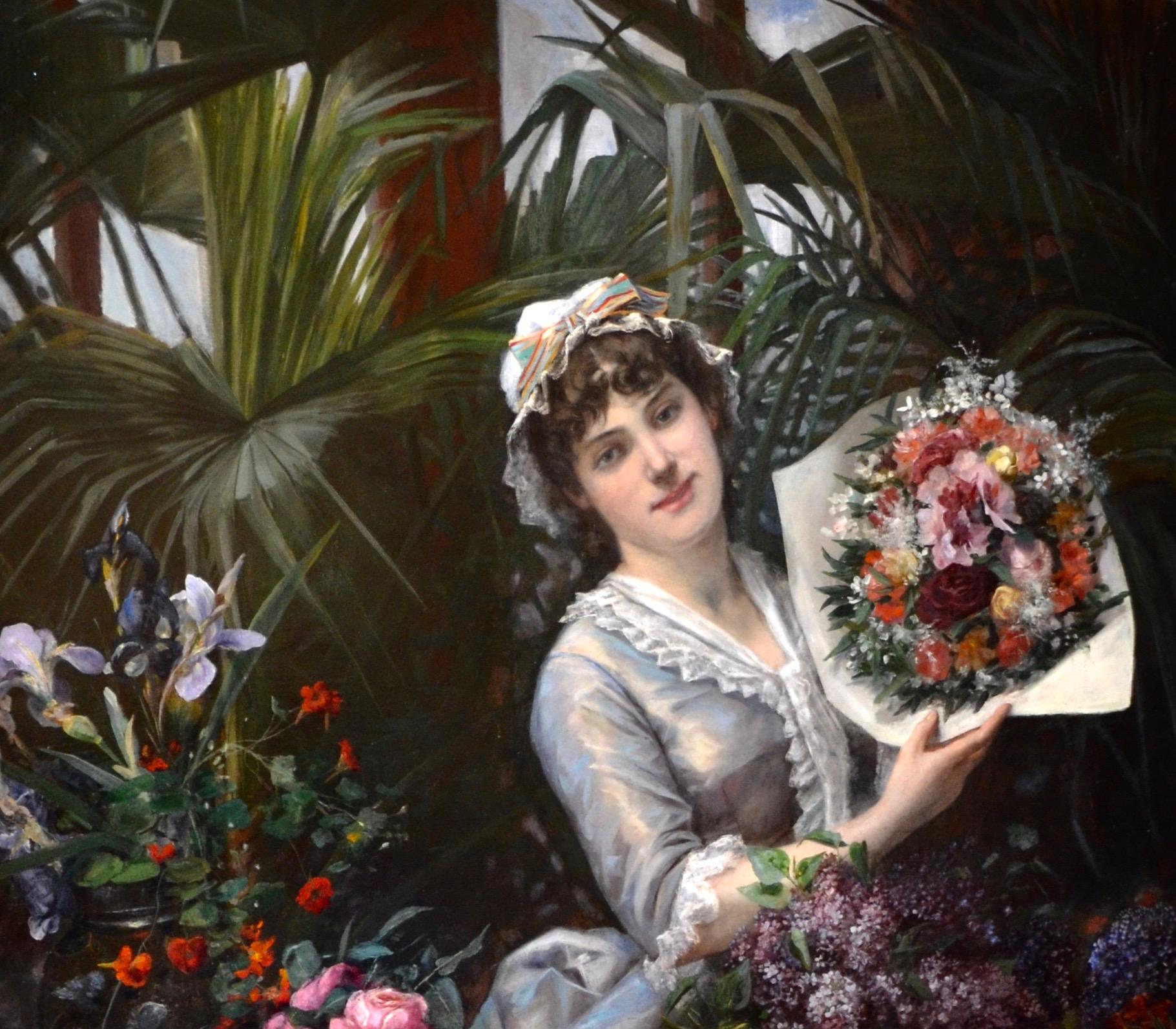 Magnifique femme Arrangeant des fleurs dans une serre de conservation d'atrium PARIS 1884  en vente 7