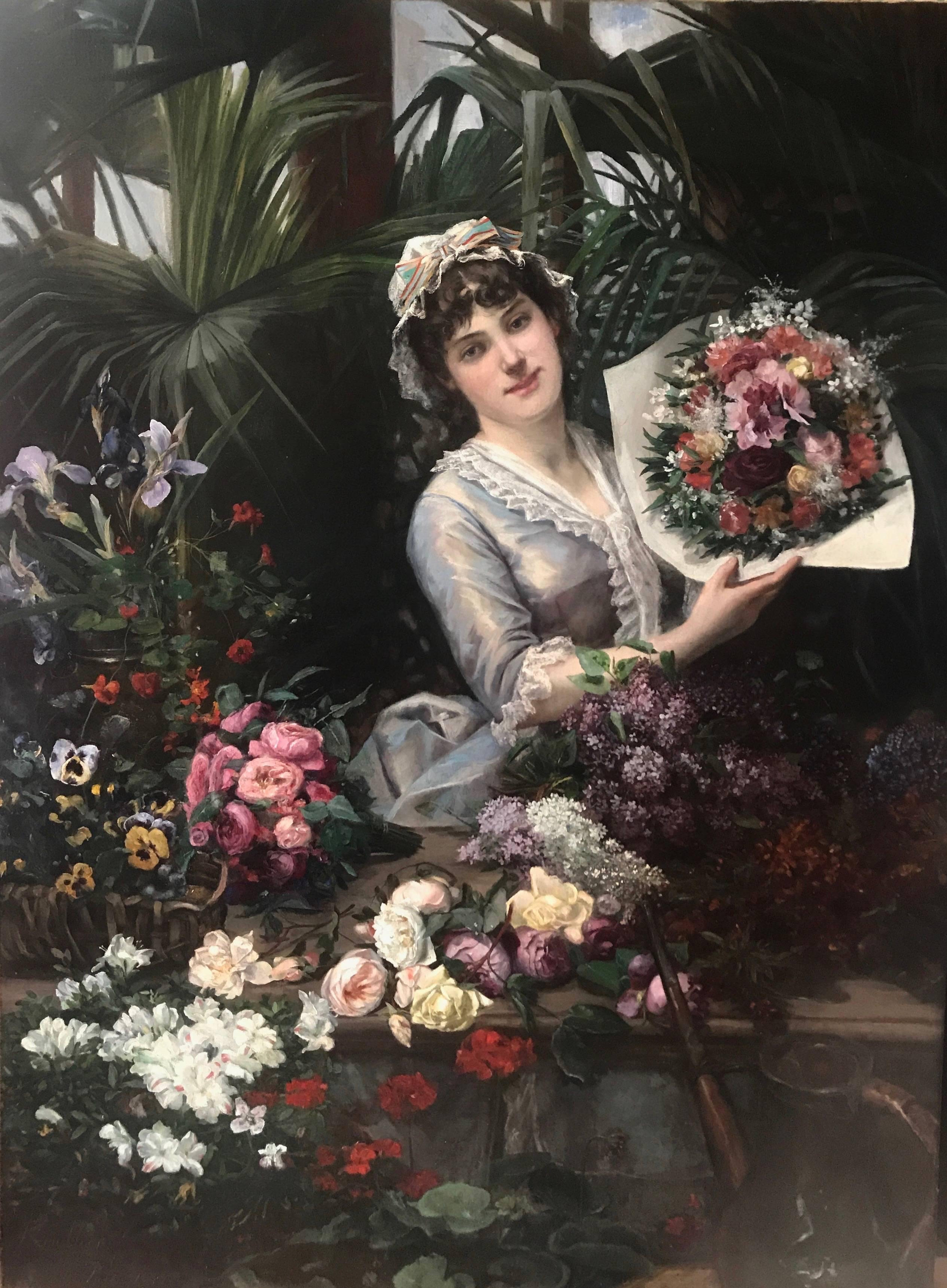 Beautiful Woman Arranging Flowers in Atrium Conservatory Greenhouse PARIS 1884  - Painting by Christian Henri Roullier