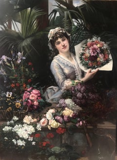 CHRISTIAN ROULLIER Beautiful Woman Arranges Flowers Atrium Greenhouse PARIS 1884