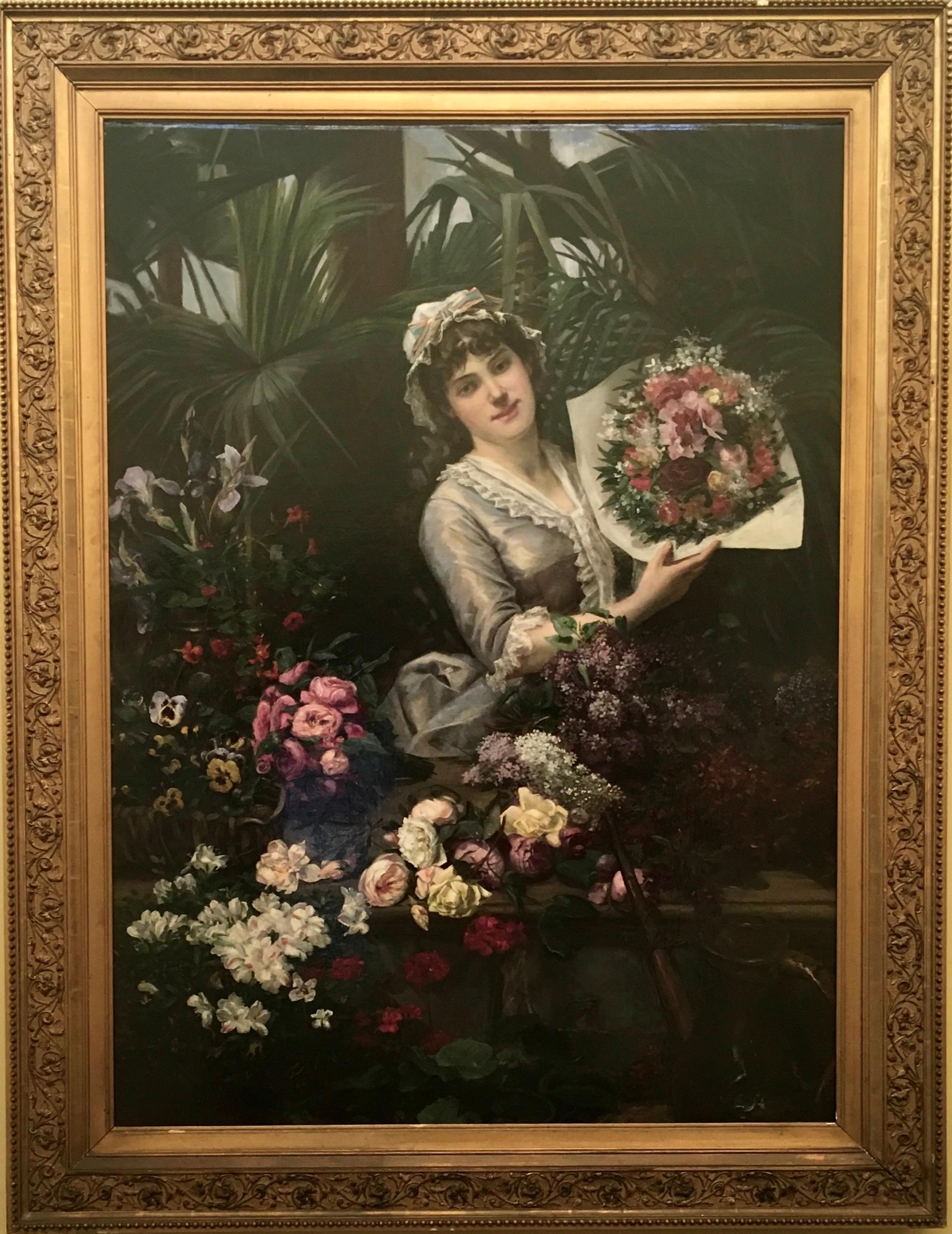 Christian Henri Roullier Figurative Painting - Beautiful Woman Arranging Flowers in Atrium Conservatory Greenhouse PARIS 1884 