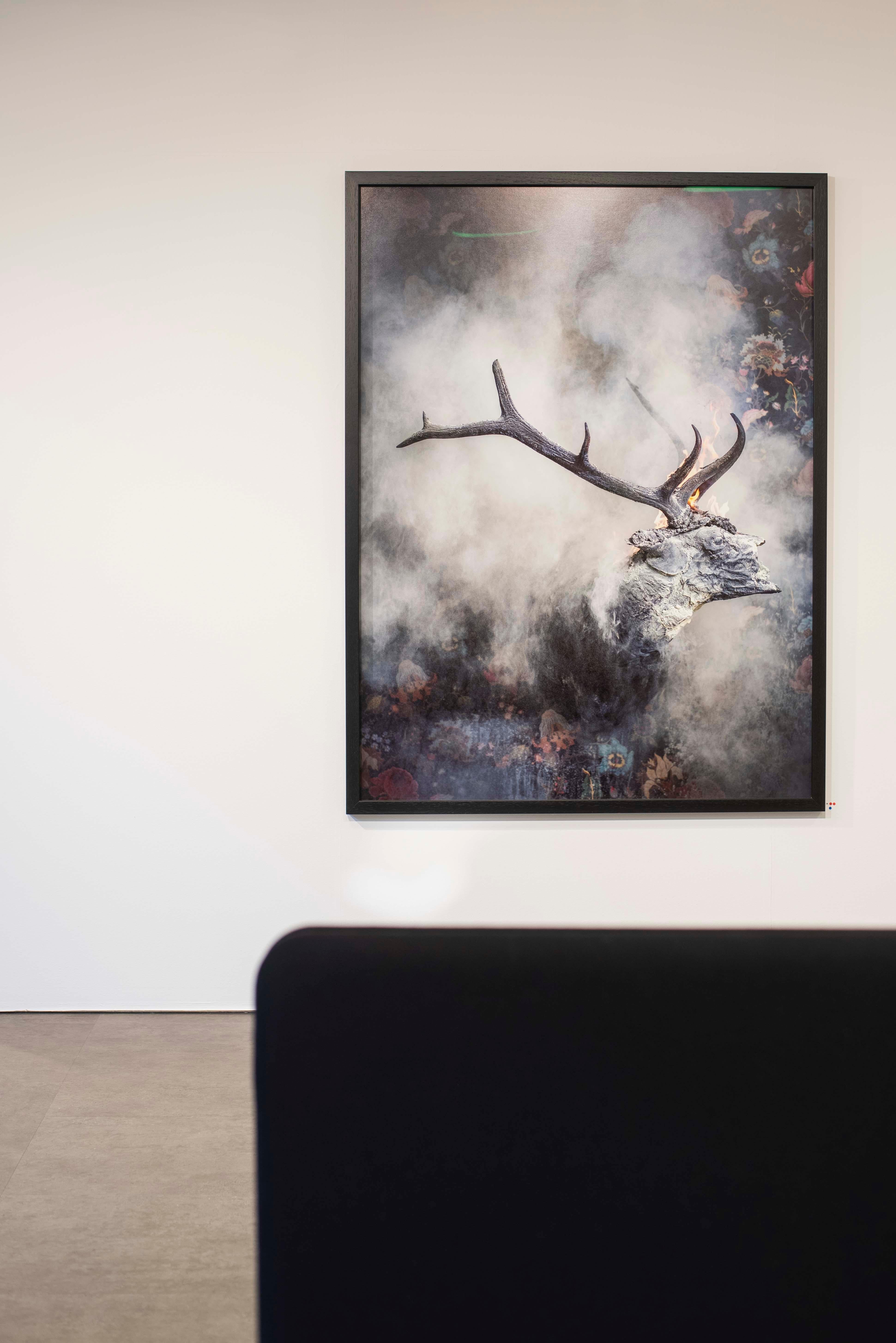 « Elk Burnt », Oslo - « Residence of Impermanence » papier peint animal elk fire nature  - Autres styles artistiques Photograph par Christian Houge