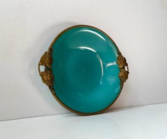 Piatto Art Déco in ceramica di Christian Jensen con smalto verde turchese e finiture in bronzo, anni '30