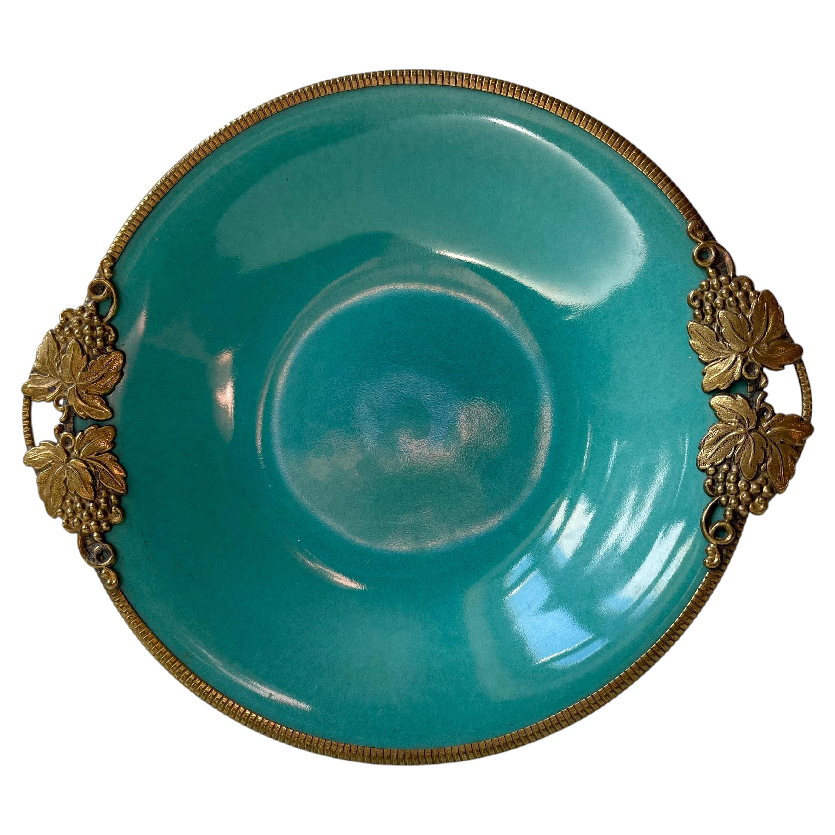 Christian Jensen Ceramic Art Deco Dish in Turquoise Green Glaze & Bronze 1930s