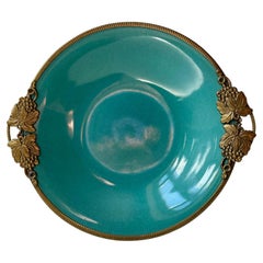 Piatto Art Déco in ceramica di Christian Jensen con smalto verde turchese e finiture in bronzo, anni '30