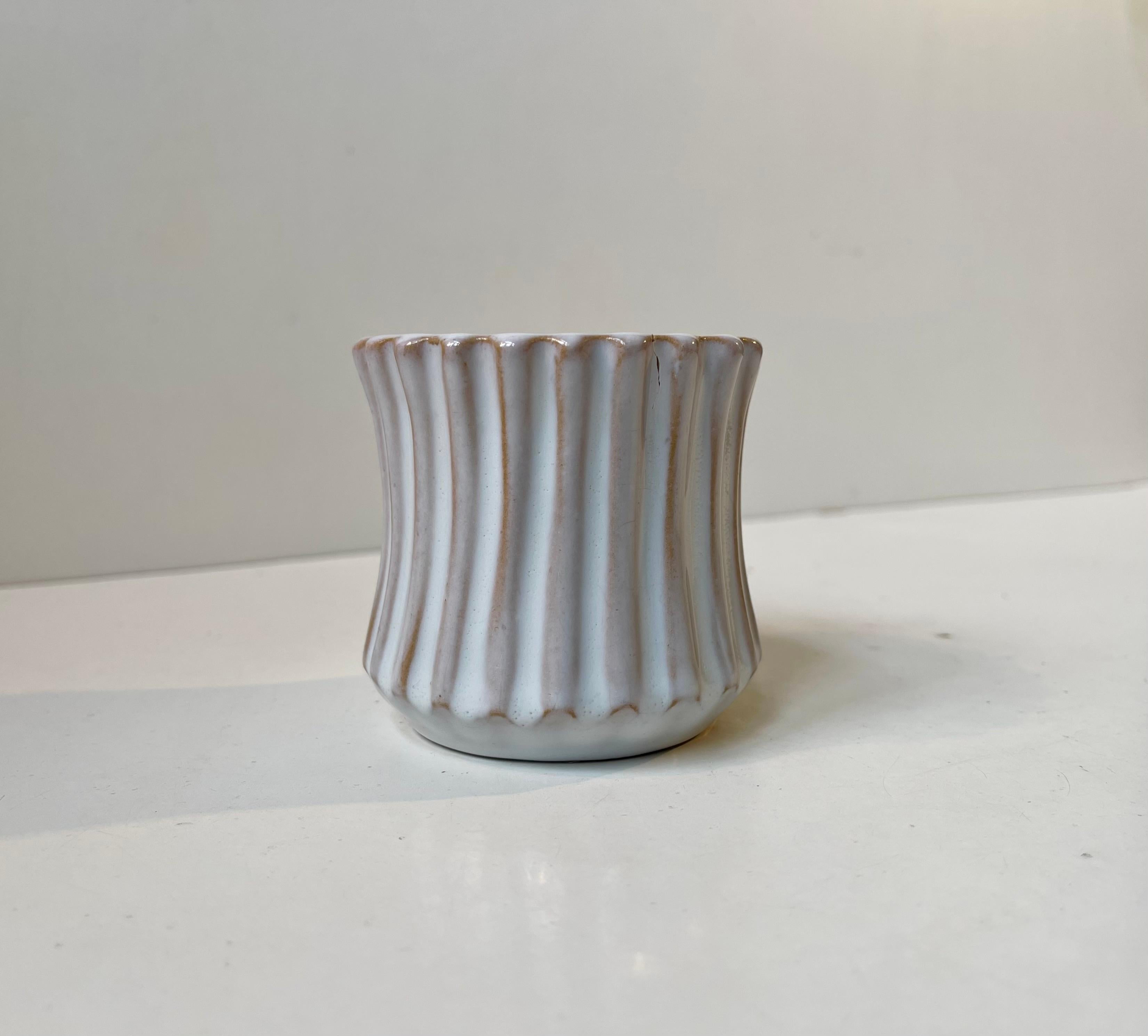 Glazed Christian Jensen Small Fluted White Ceramic Vase, Danish 1930s For Sale