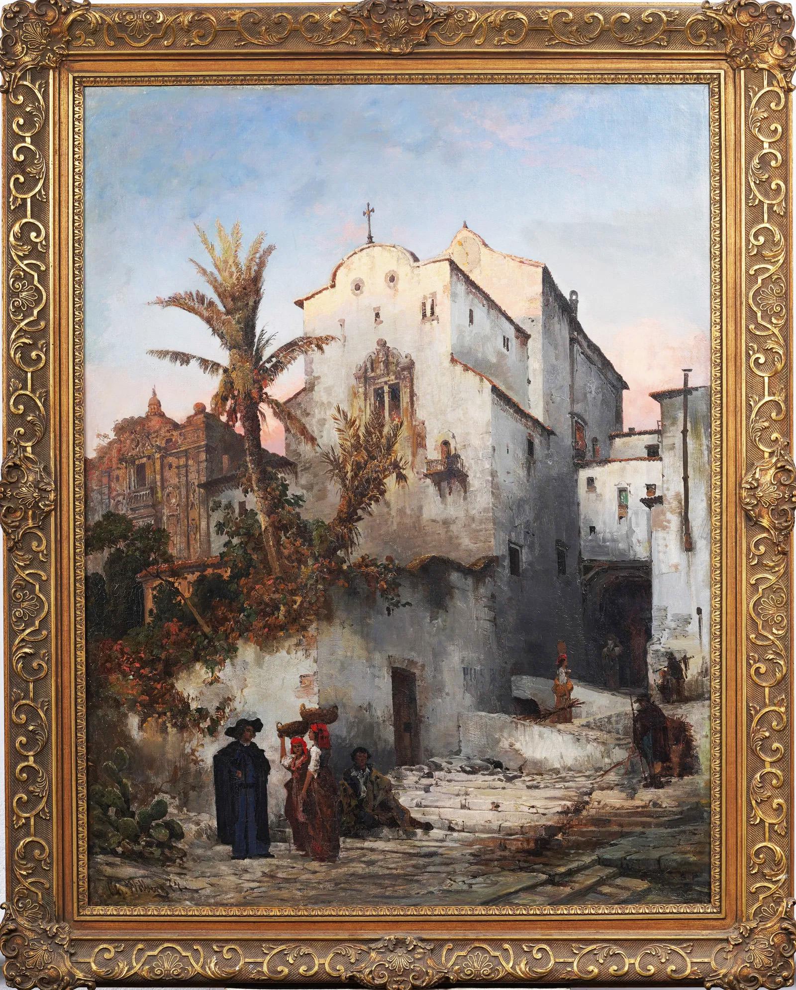 Pintura al Óleo Italiana Antigua Firmada Escena Callejera Luminosa Puesta de Sol Paisaje - Painting de Christian Johannes Wilberg 