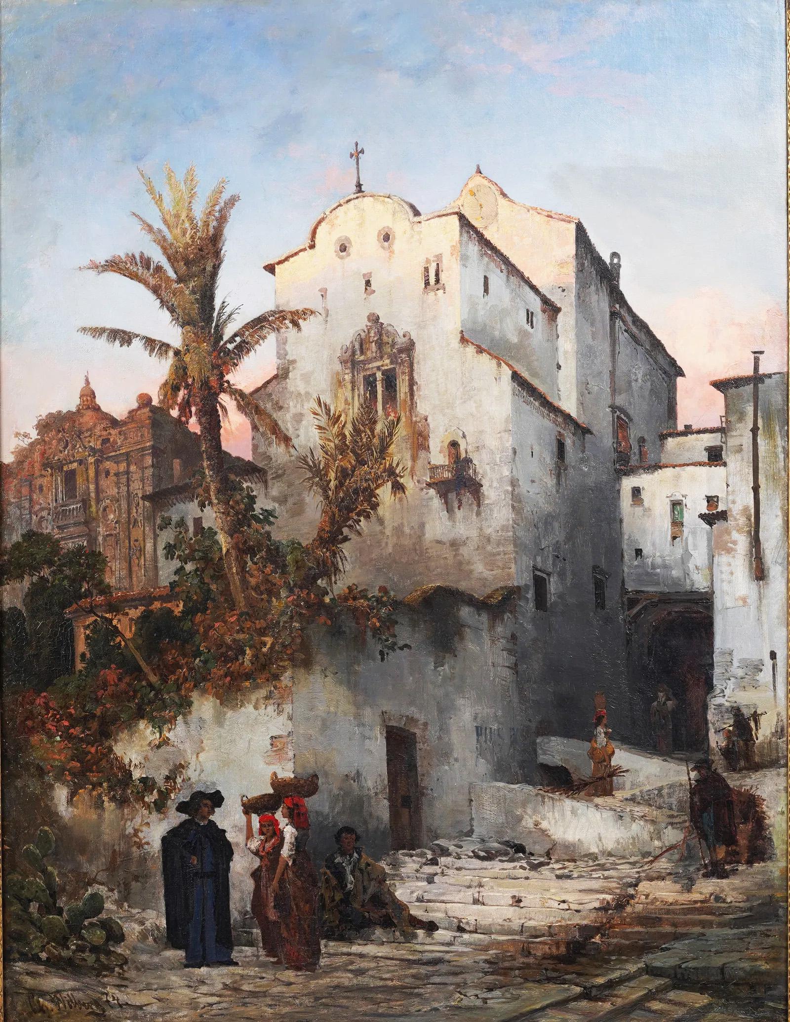 Pintura al Óleo Italiana Antigua Firmada Escena Callejera Luminosa Puesta de Sol Paisaje - Painting Impresionista de Christian Johannes Wilberg 