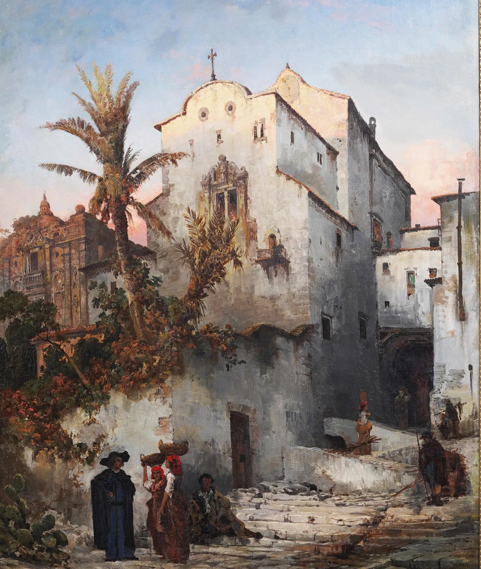 Pintura al Óleo Italiana Antigua Firmada Escena Callejera Luminosa Puesta de Sol Paisaje - Landscape Painting Marrón de Christian Johannes Wilberg 