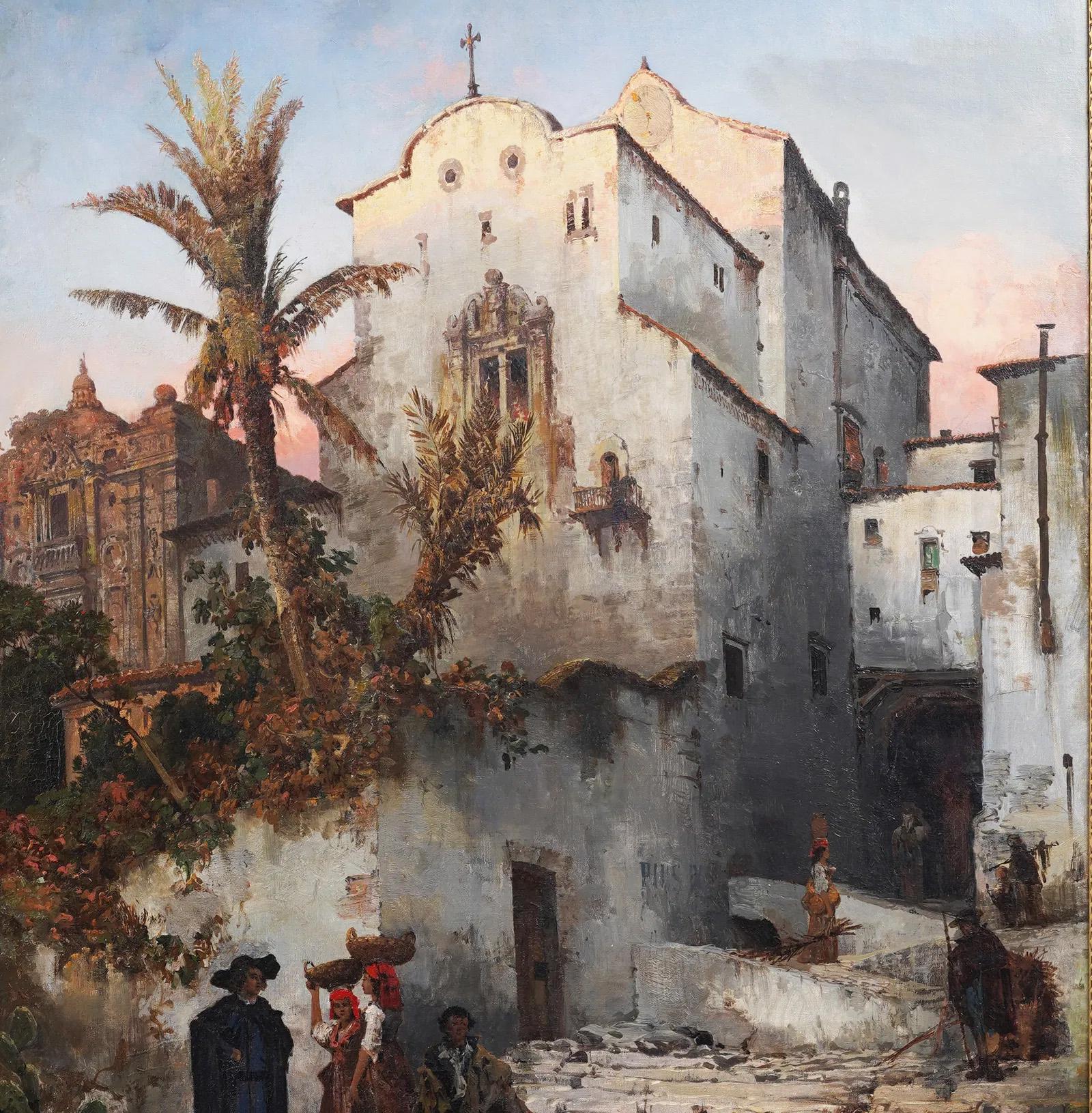 Antiguo óleo alemán de Christian Johannes Wilberg (1839 - 1882). Óleo sobre lienzo. Firmado. Enmarcado. Mide 40 por 50 pulgadas en total y 31,5 por 41,5 pintando solo.  Una luminosa escena de puesta de sol con gran detalle.  