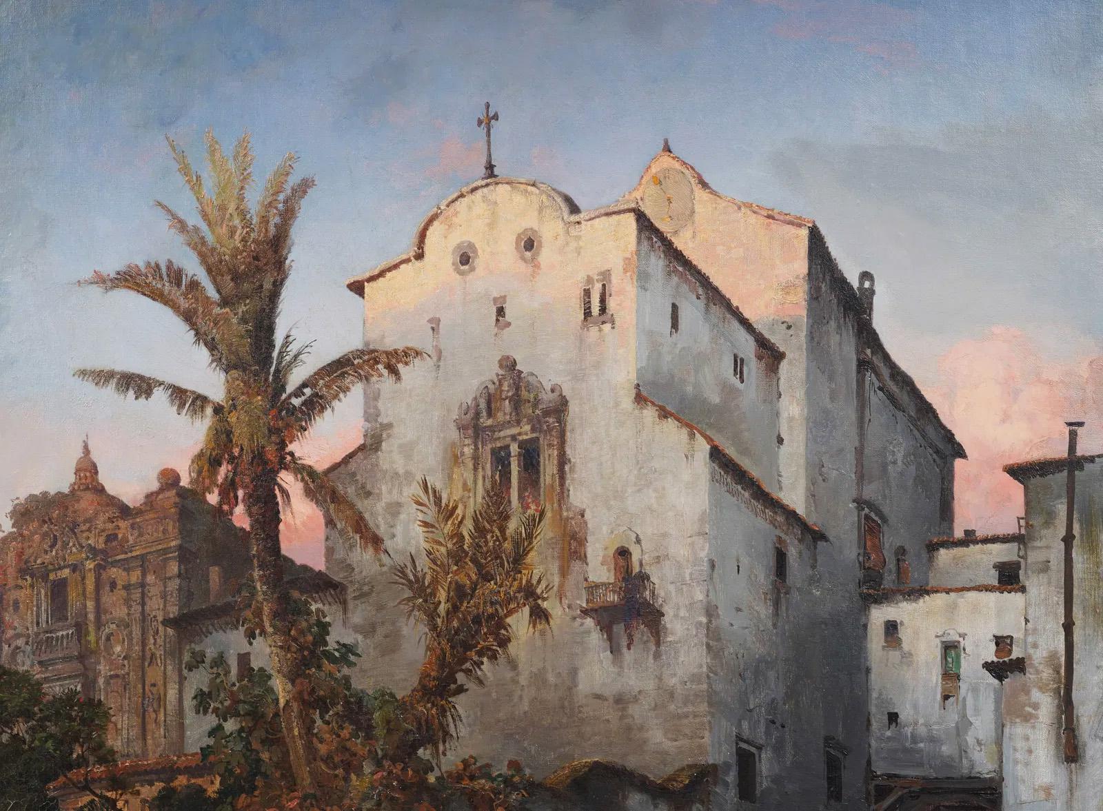 Pintura al Óleo Italiana Antigua Firmada Escena Callejera Luminosa Puesta de Sol Paisaje en venta 1
