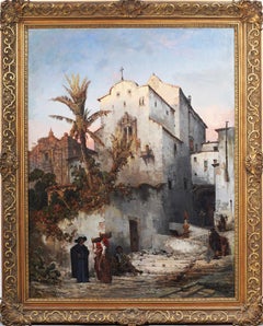 Antique Signed Italian Luminous Street Scene Sunset Landscape Oil Painting