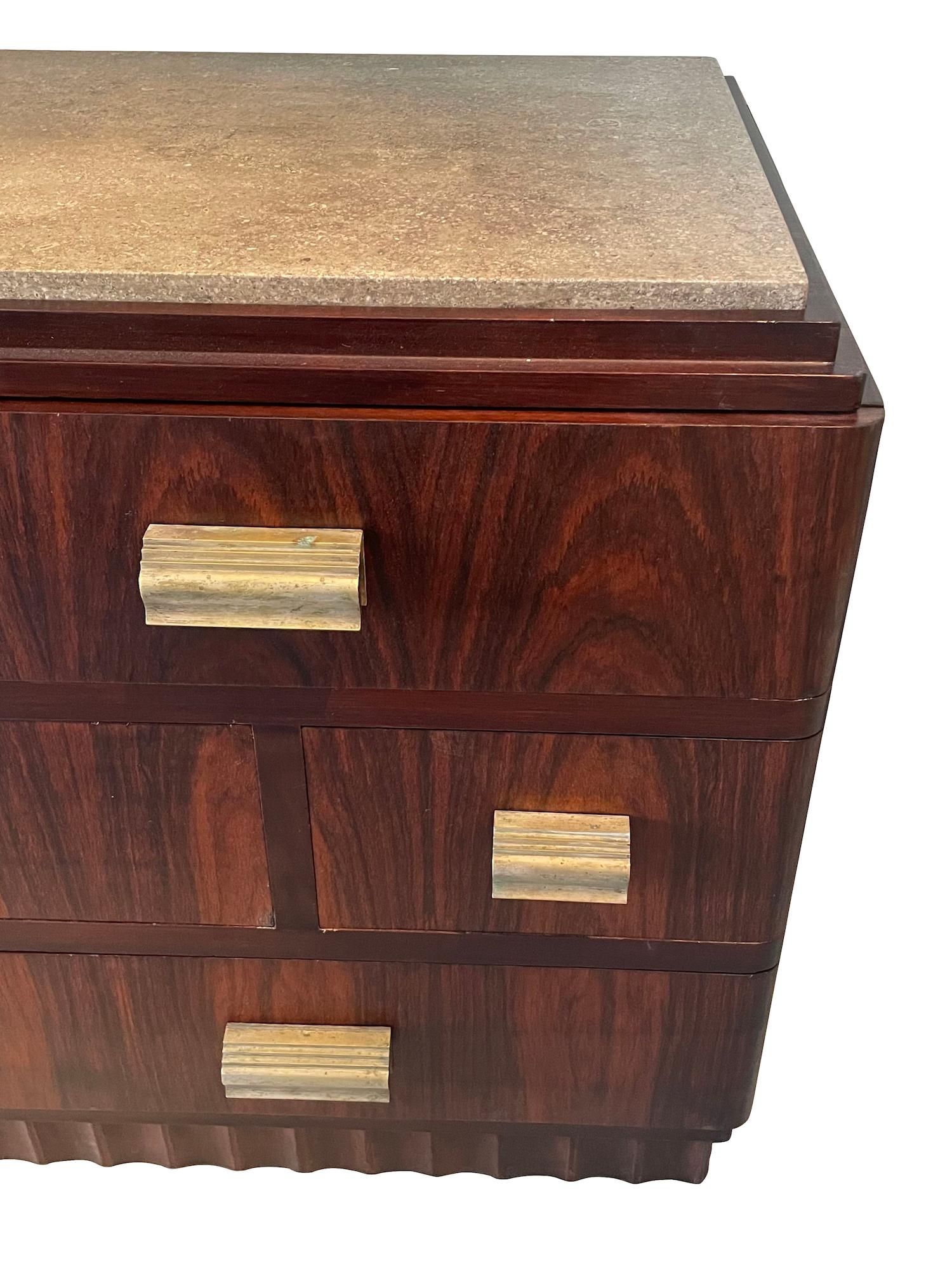 French Christian Krass Seven Drawer Marble Top Walnut Commode, France, 1930s For Sale