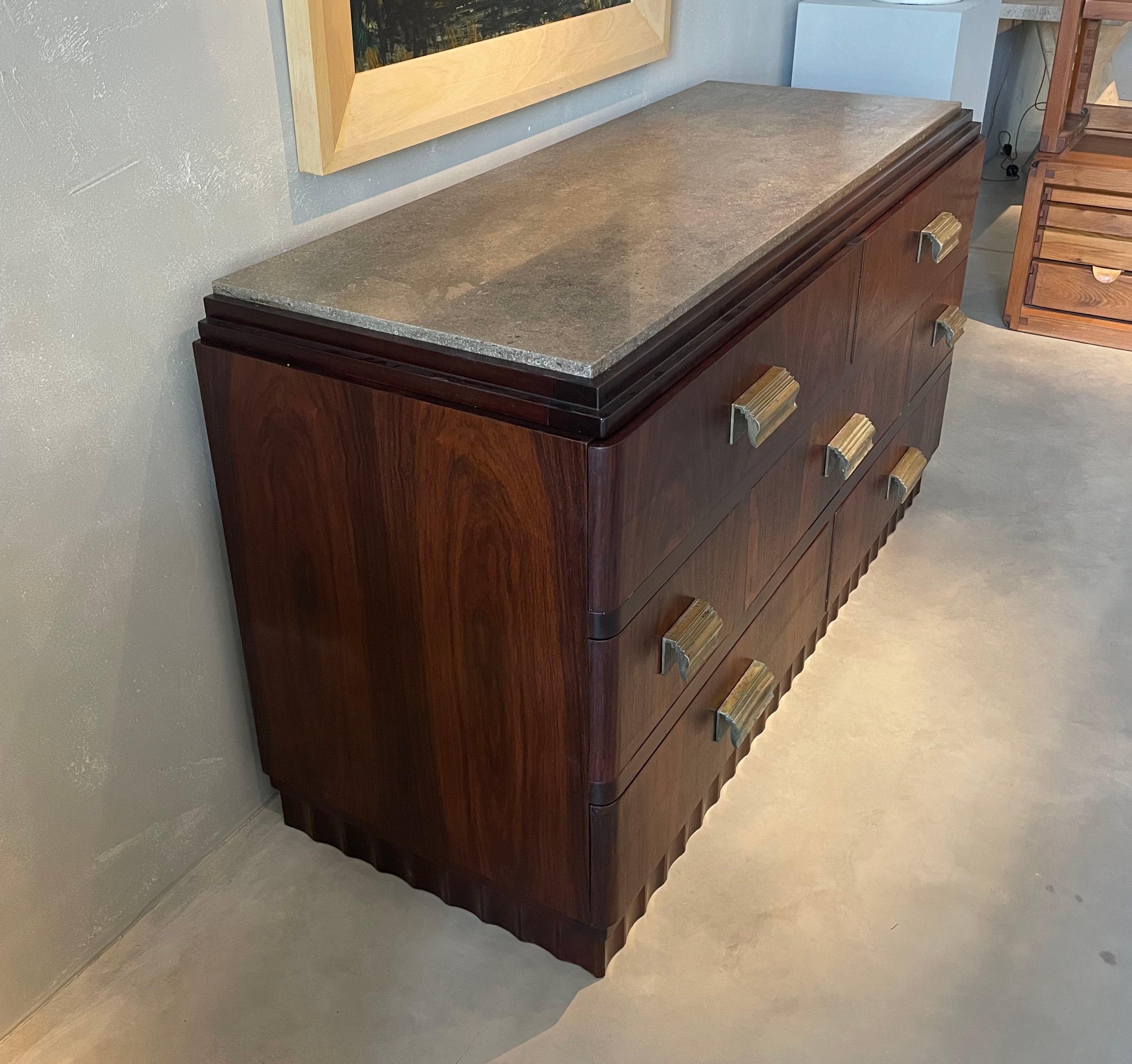 Christian Krass Seven Drawer Marble Top Walnut Commode, France, 1930s In Good Condition For Sale In New York, NY