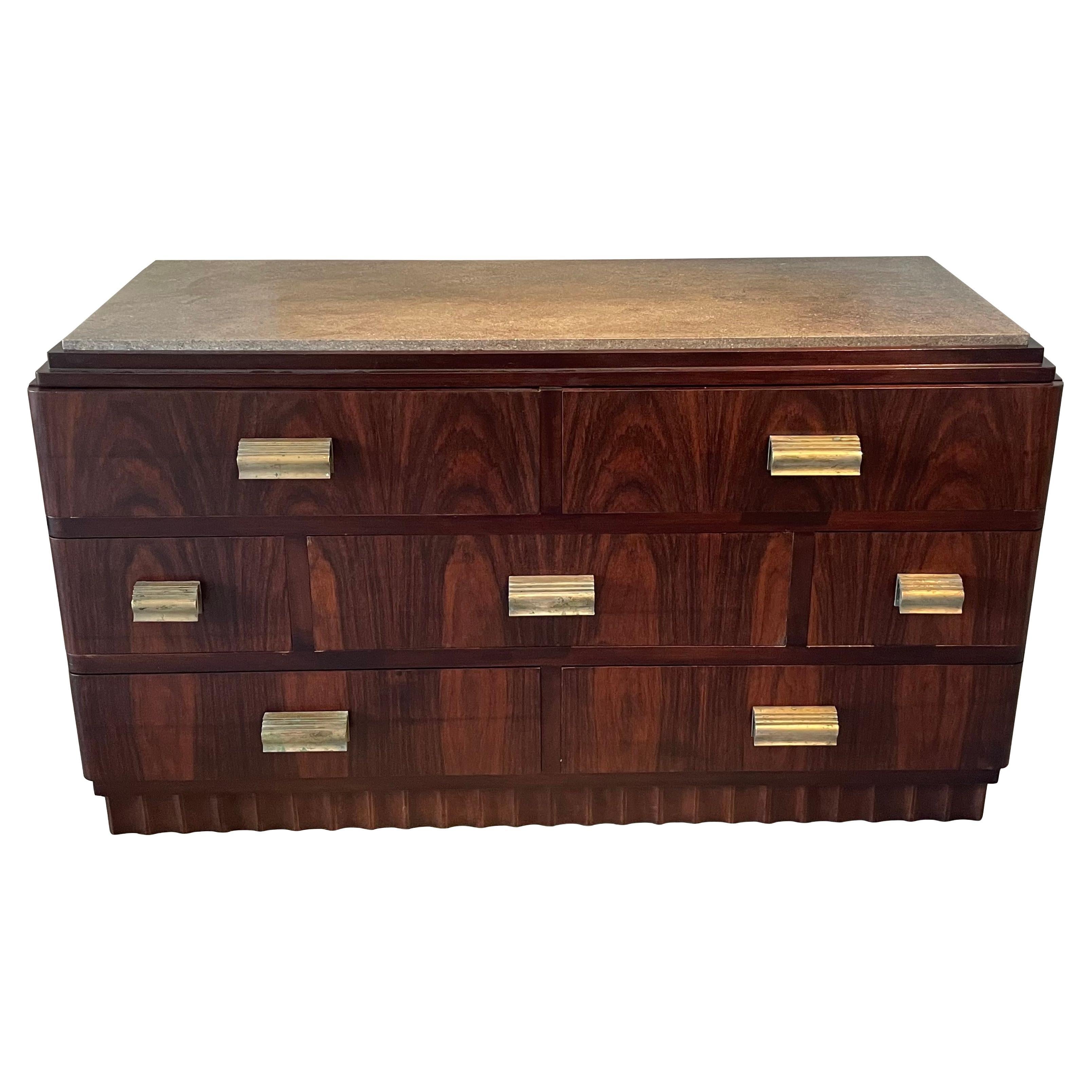 Christian Krass Seven Drawer Marble Top Walnut Commode, France, 1930s