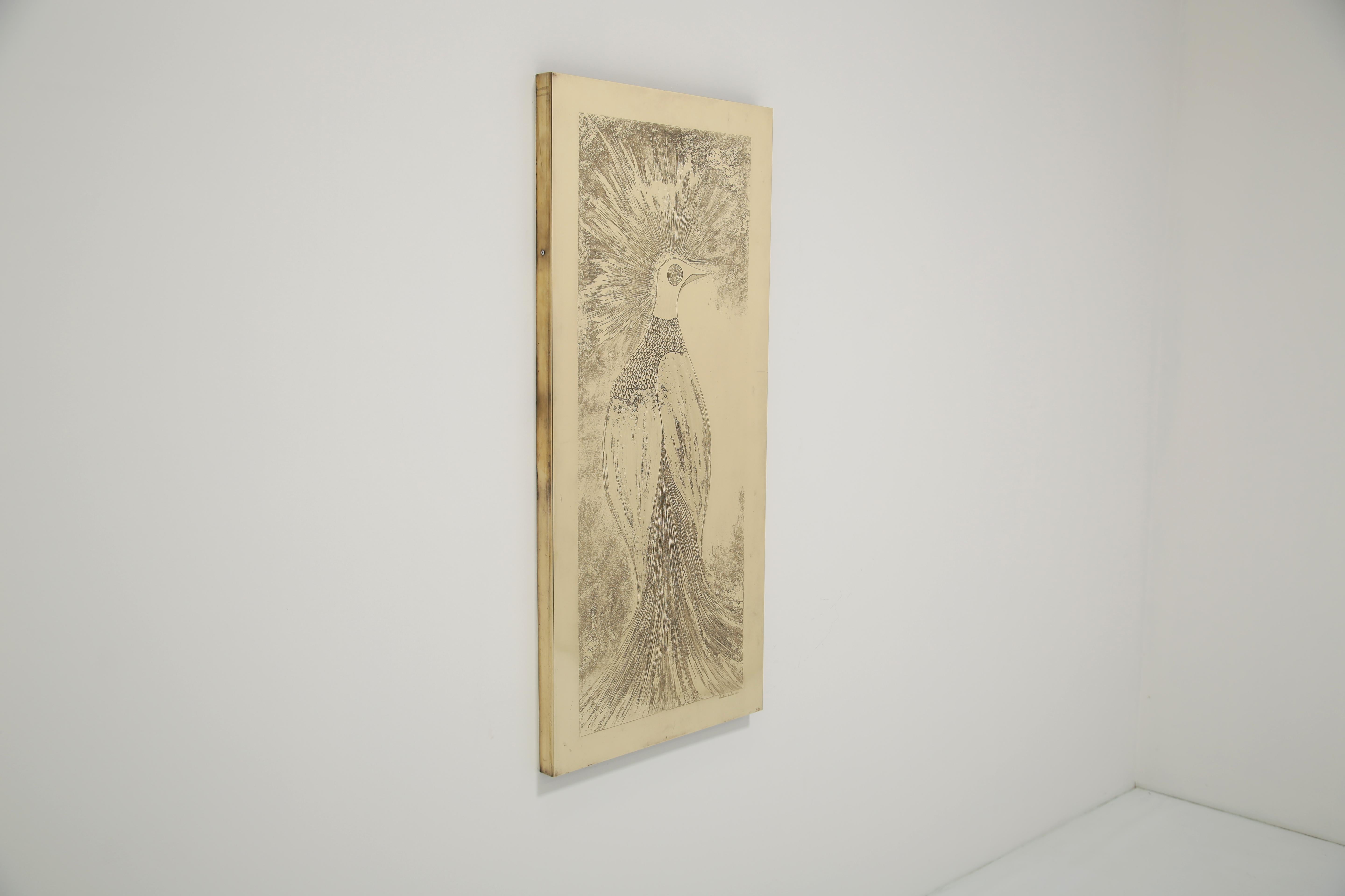 Christian Krekels, 1977. Wand montiert Säure geätzt Messing Kunst Fasan Wandplatte. (Moderne der Mitte des Jahrhunderts) im Angebot
